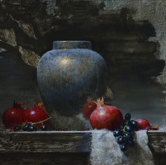 "Granadas y latón" (2024) de Jeff Legg, Pintura al óleo original de bodegón