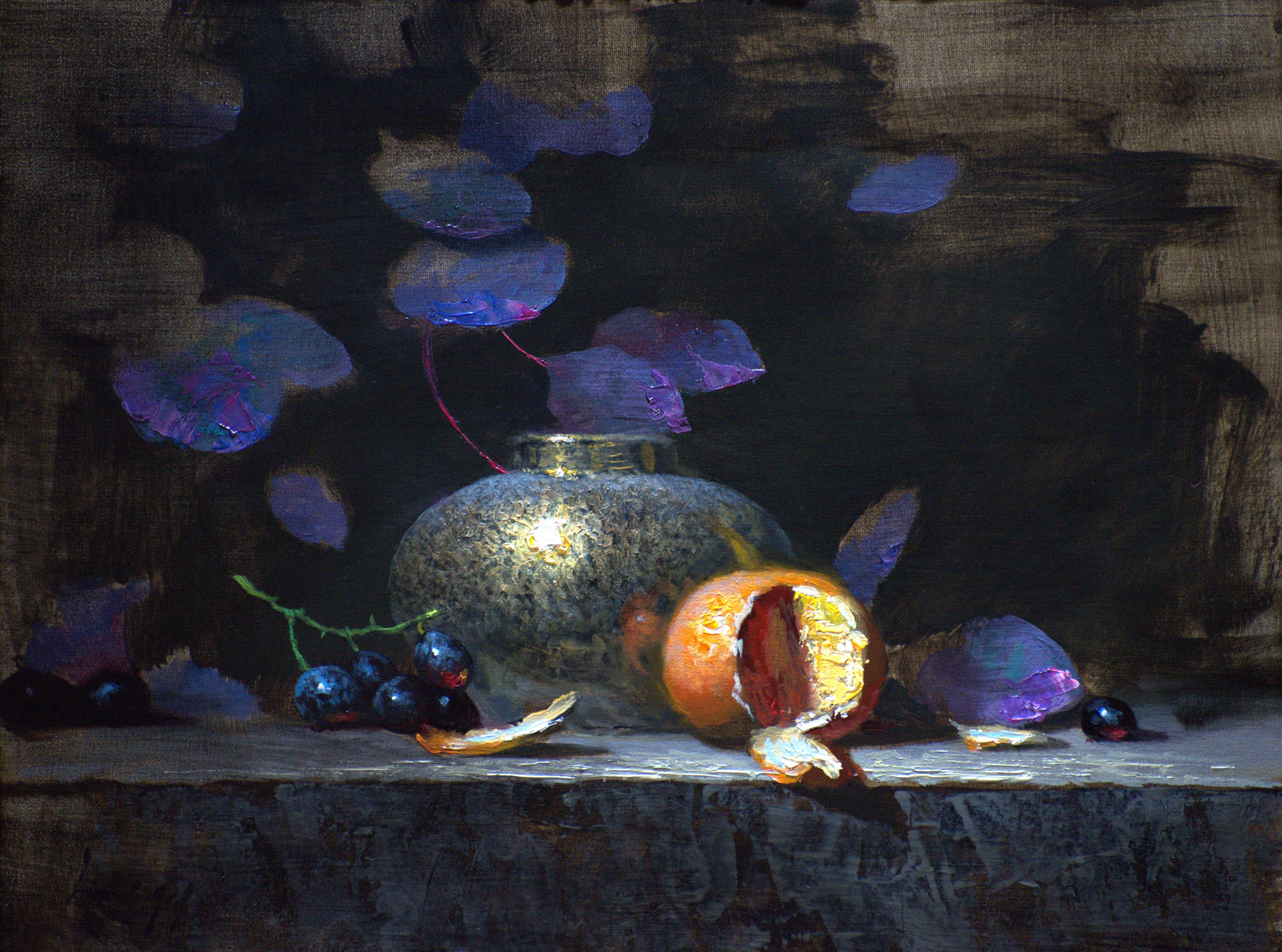 Jeff Legg Interior Painting – "Lila Messing und Zitrusfrüchte" Realistisches Stillleben Ölgemälde auf Leinwand