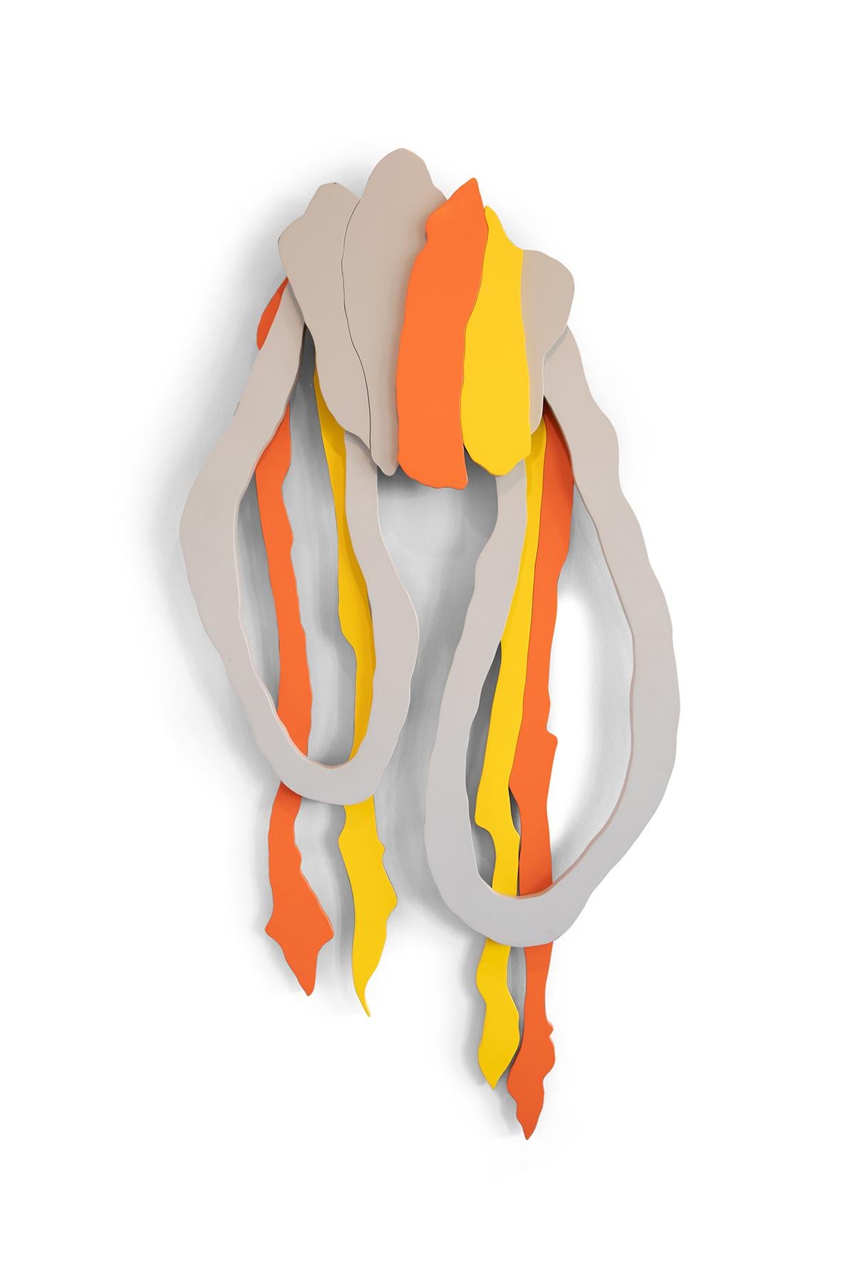 Jeff Low 'Variegated Knot' wall sculpture from 1984. This masterful example is enamel paint over wood in orange, yellow & light gray and it seamlessly melds color and form.
