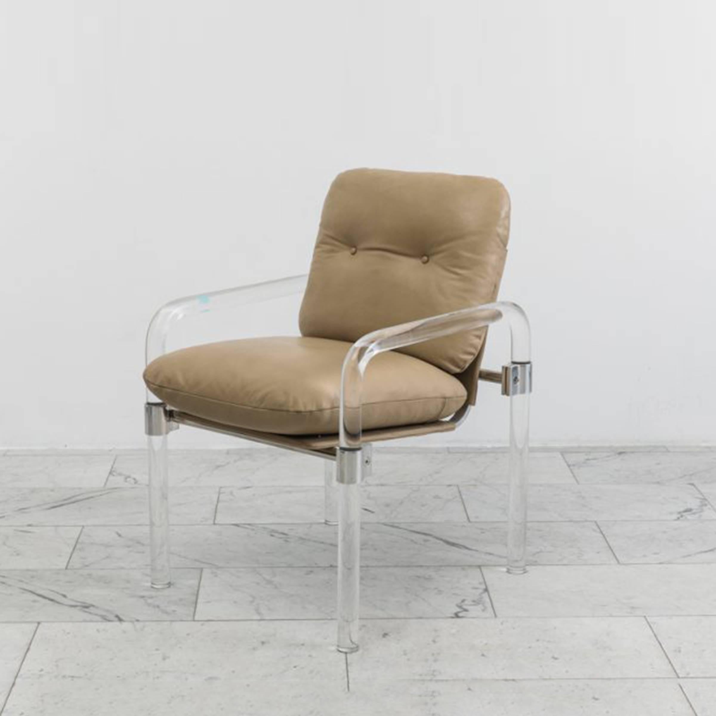 Set of six Lucite and aluminum “Pipeline Series II” armchairs with taupe leather upholstery by Jeff Messerschmidt, American, 1982.  Constructed of thick acrylic pipe connected by polished aluminum brackets, each chair is signed, dated and