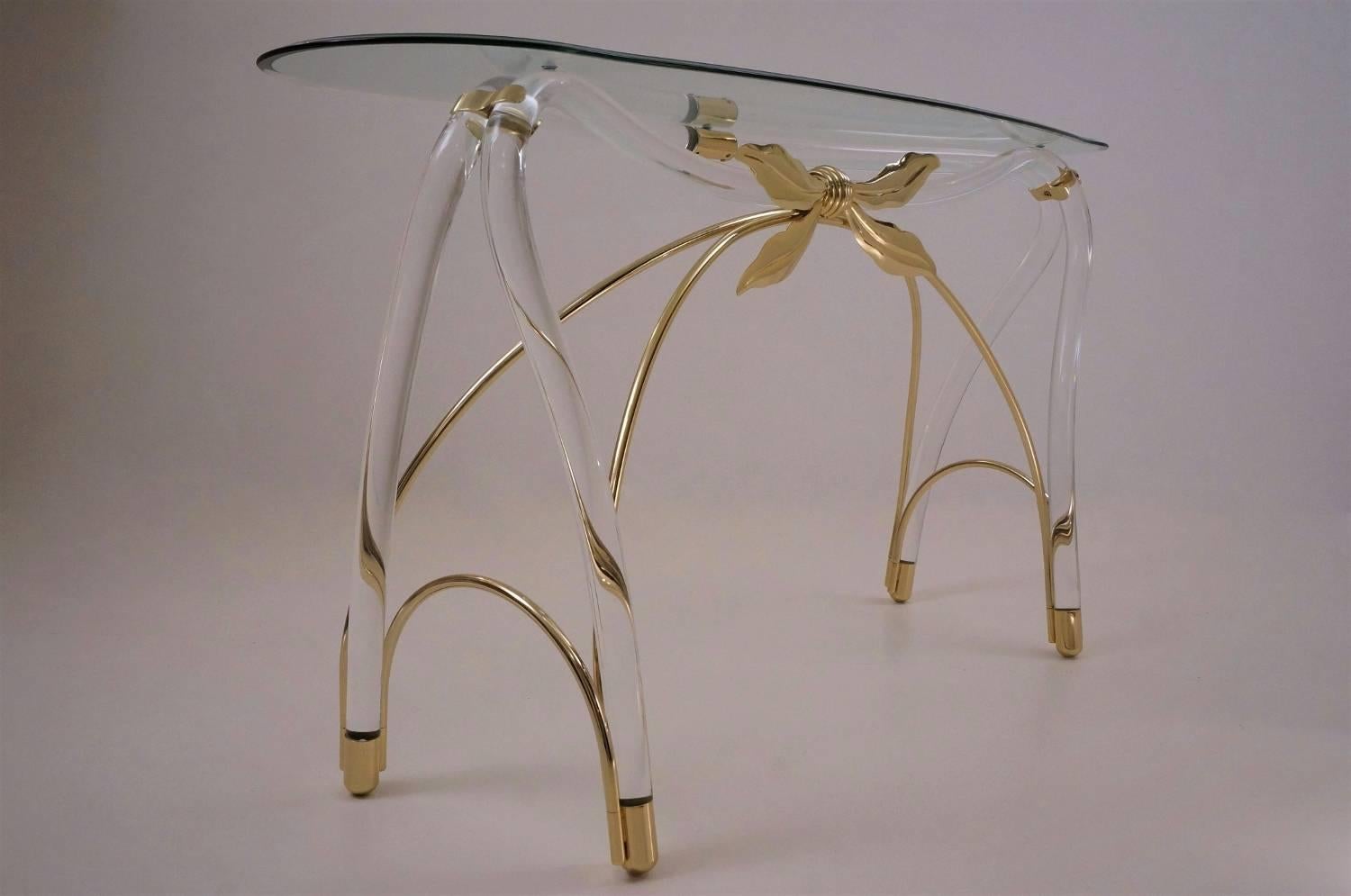 Post-Modern Jeff Messerschmidt Console Table, Lucite, Gold-Plated Gilt and Glass, 1970s, USA For Sale