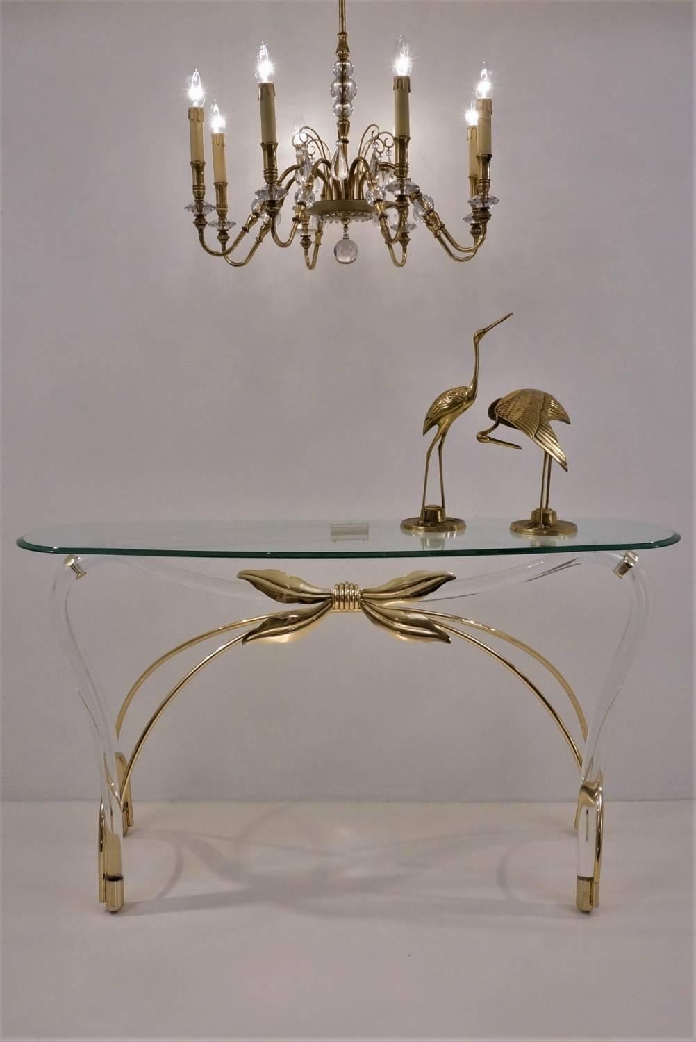 American Jeff Messerschmidt Console Table, Lucite, Gold-Plated Gilt and Glass, 1970s, USA For Sale