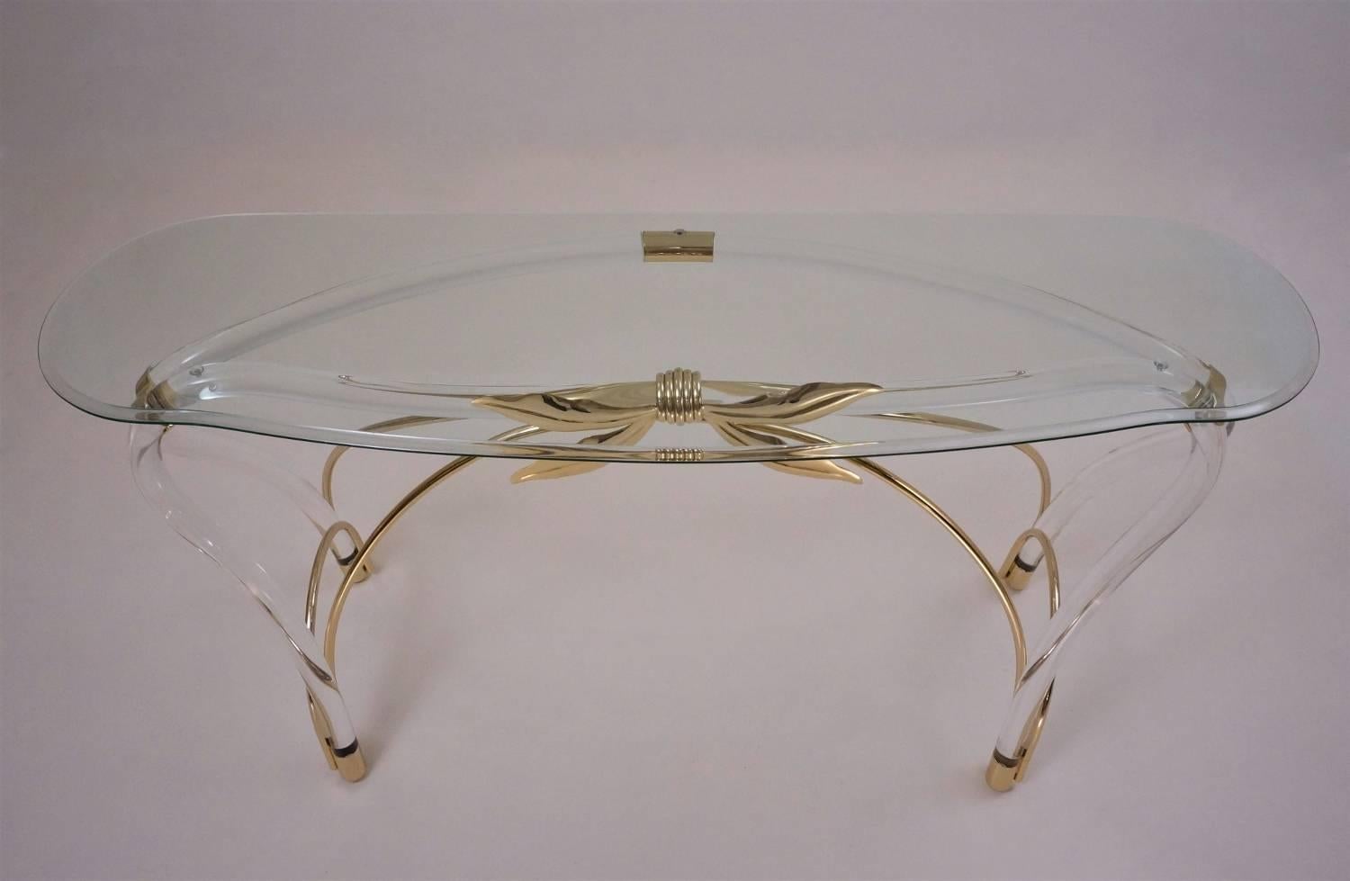 Beveled Jeff Messerschmidt Console Table, Lucite, Gold-Plated Gilt and Glass, 1970s, USA For Sale