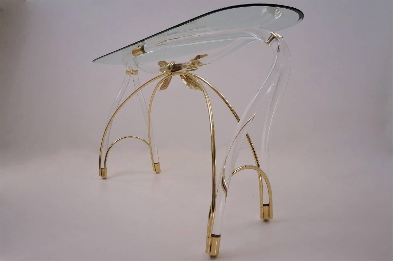 Gold Plate Jeff Messerschmidt Console Table, Lucite, Gold-Plated Gilt and Glass, 1970s, USA For Sale