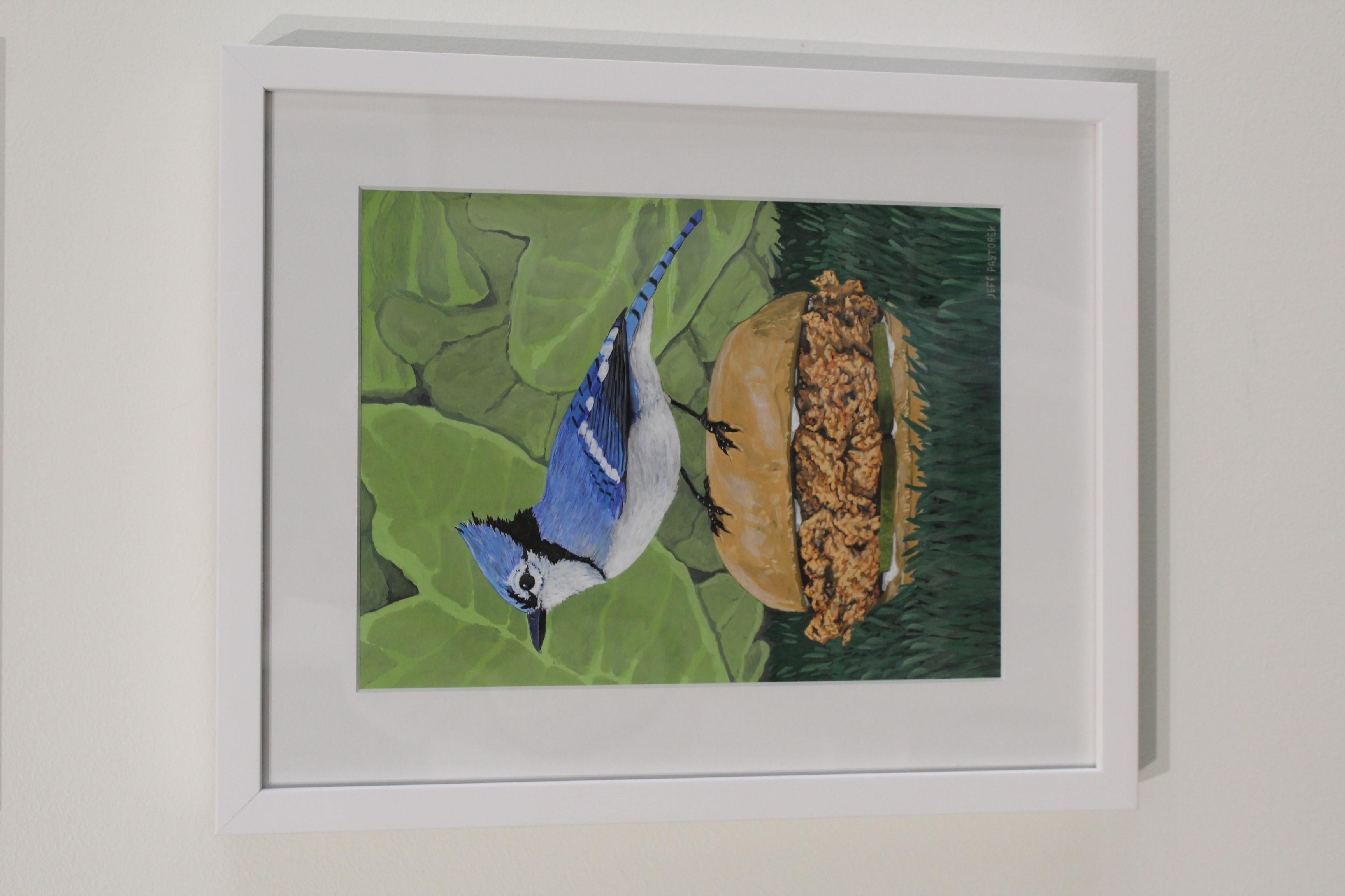 From New Orleans artist Jeff Pastorek's birds on fast food series, this painting displays a blue jay on a Popeye's chicken sandwich.