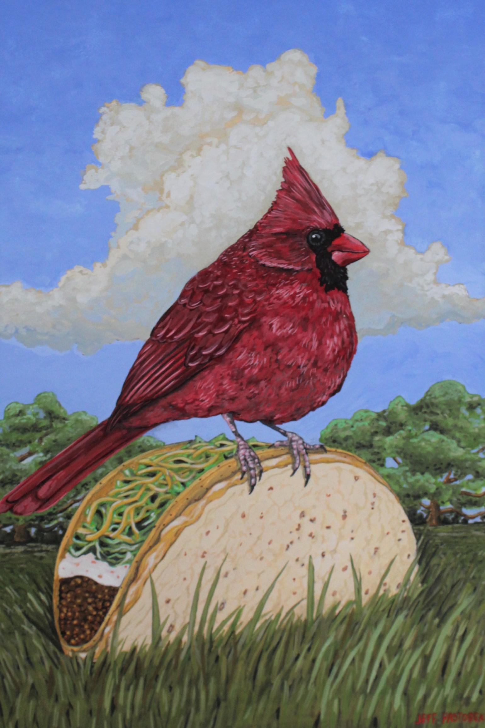 Cardinal on a Cheesy Gordita Crunch - Painting by Jeff Pastorek