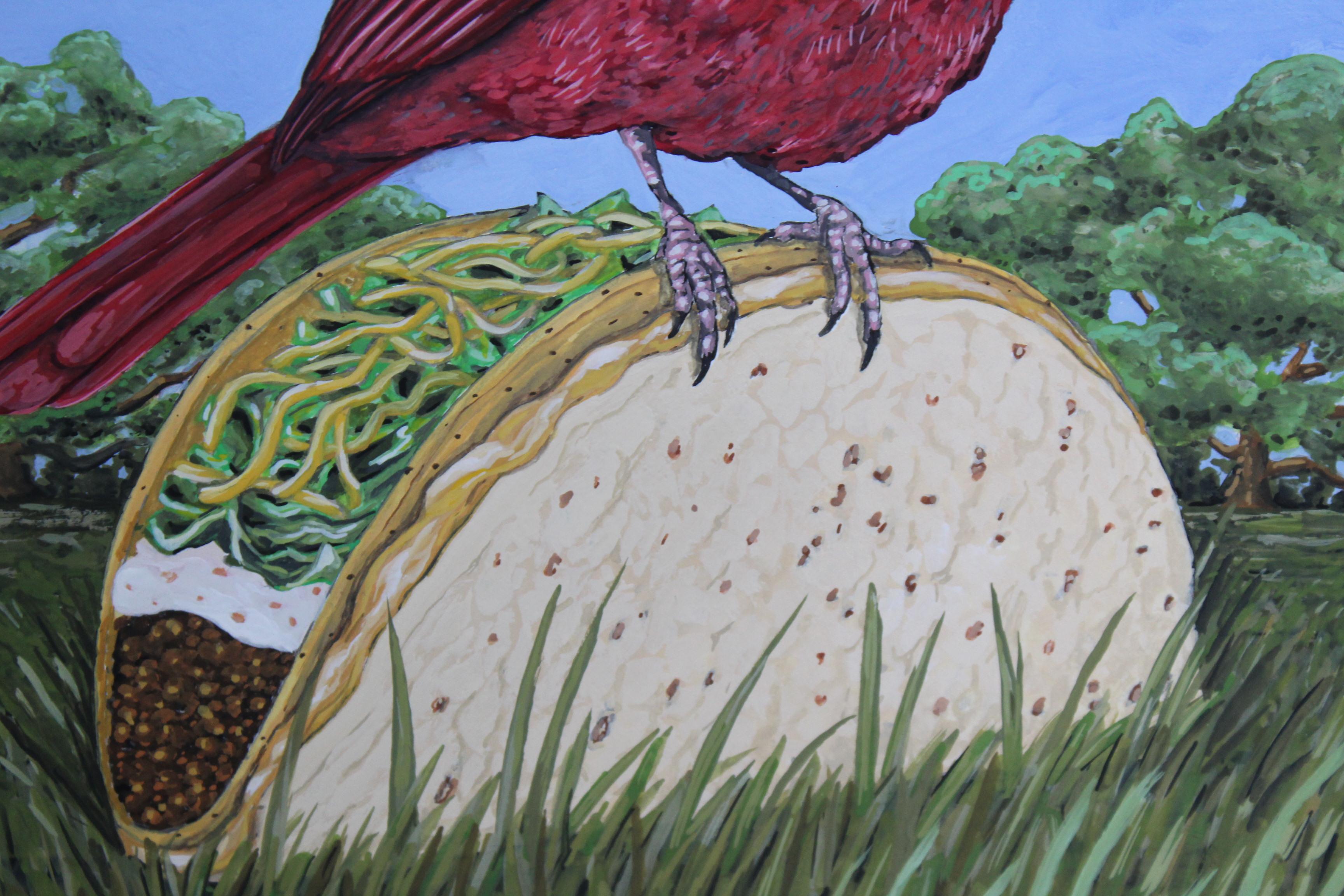 From New Orleans artist Jeff Pastorek's birds on fast food series, this painting displays a cardinal on a Taco Bell Cheesy Gordita Crunch.