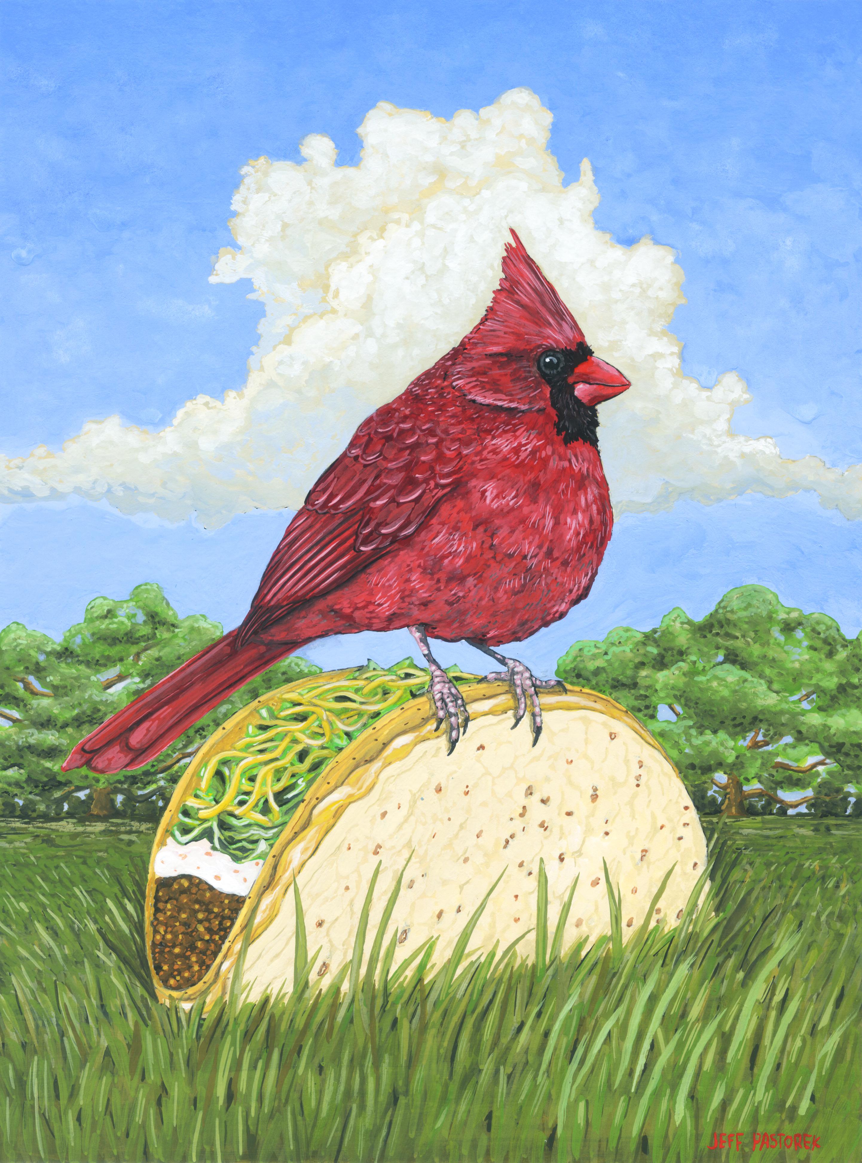 Jeff Pastorek Animal Painting - Cardinal on a Cheesy Gordita Crunch