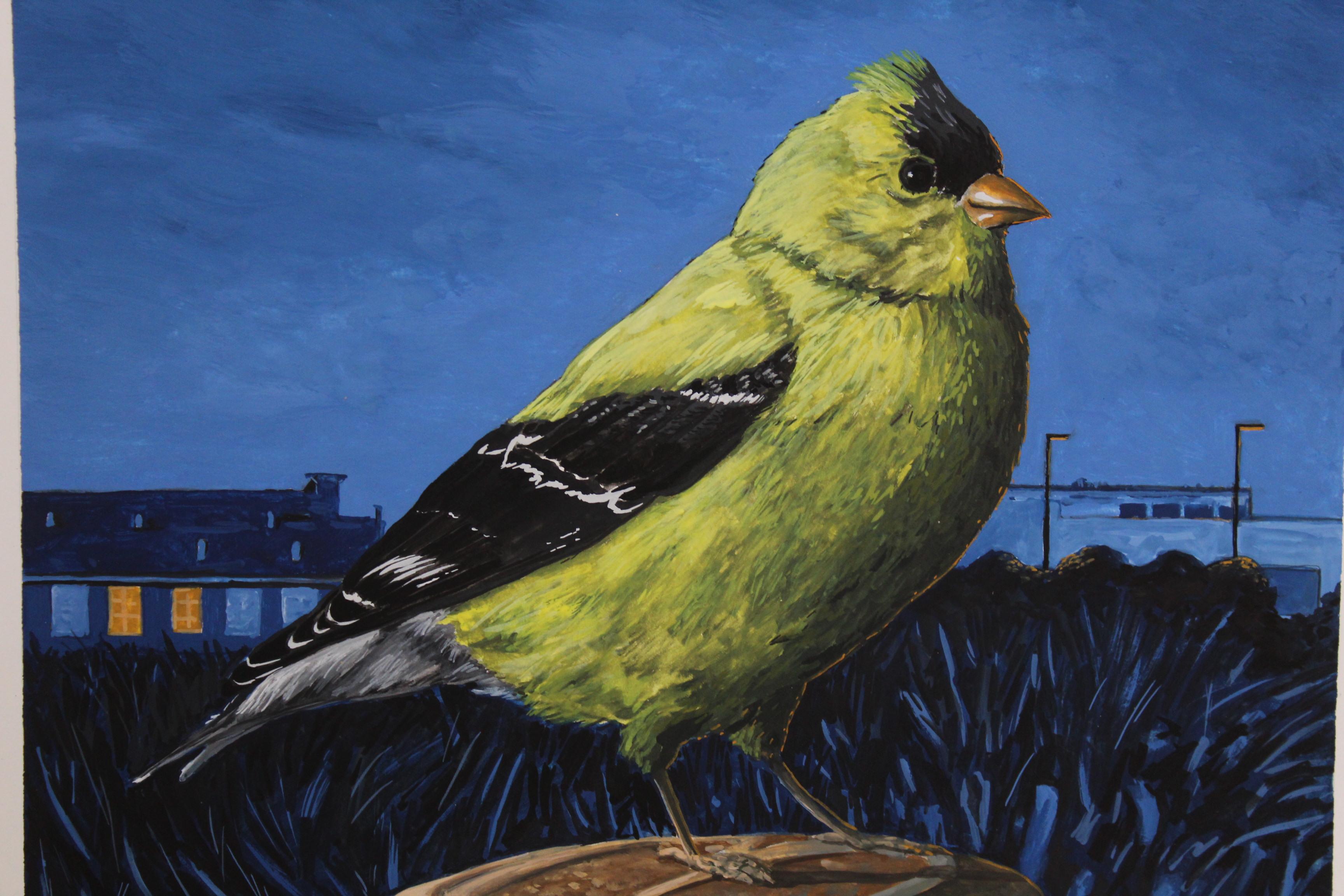 Goldfinch on a Sausage, Egg, and Cheese McGriddle - Blue Animal Painting by Jeff Pastorek