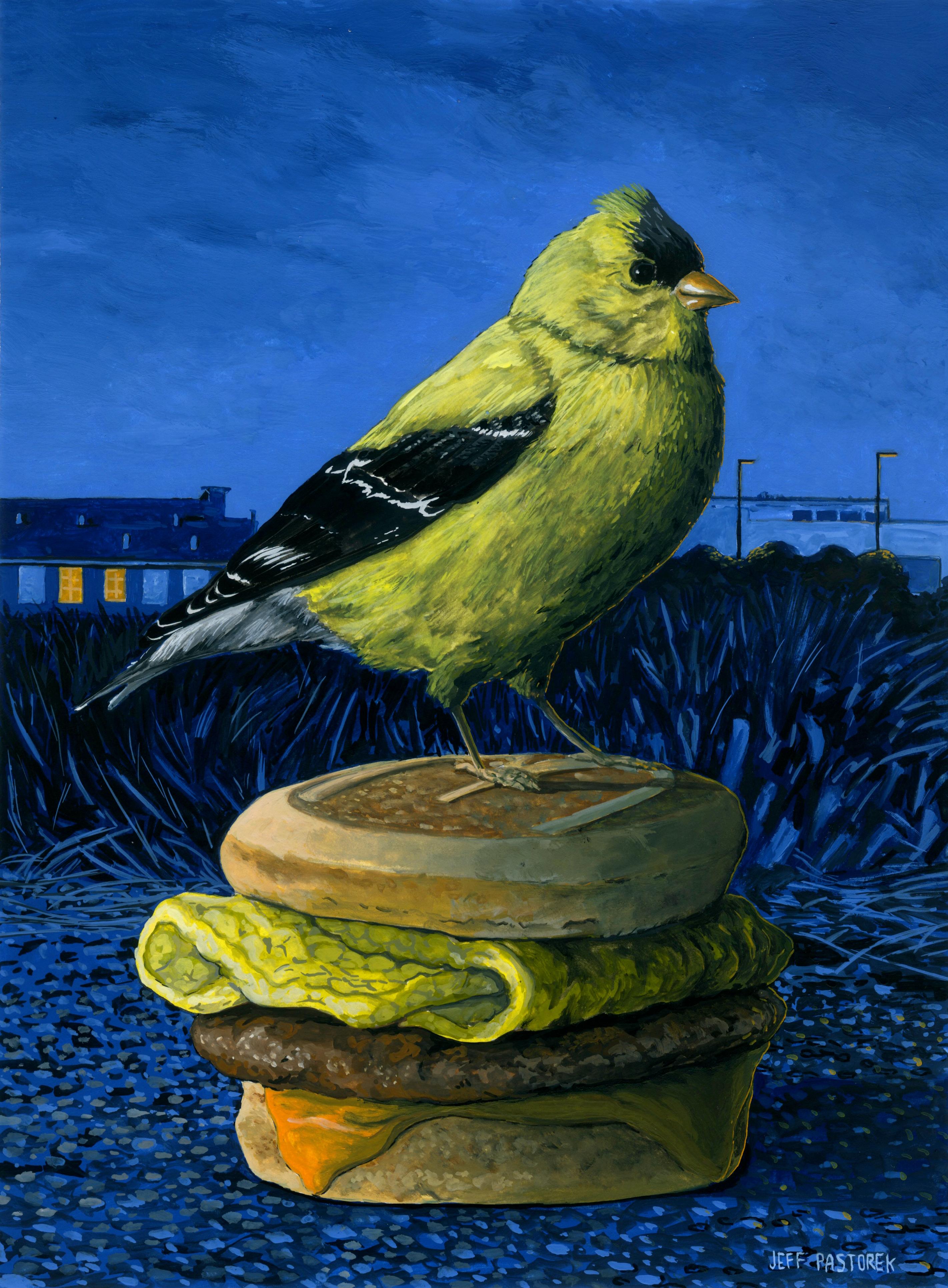 Jeff Pastorek Animal Painting - Goldfinch on a Sausage, Egg, and Cheese McGriddle