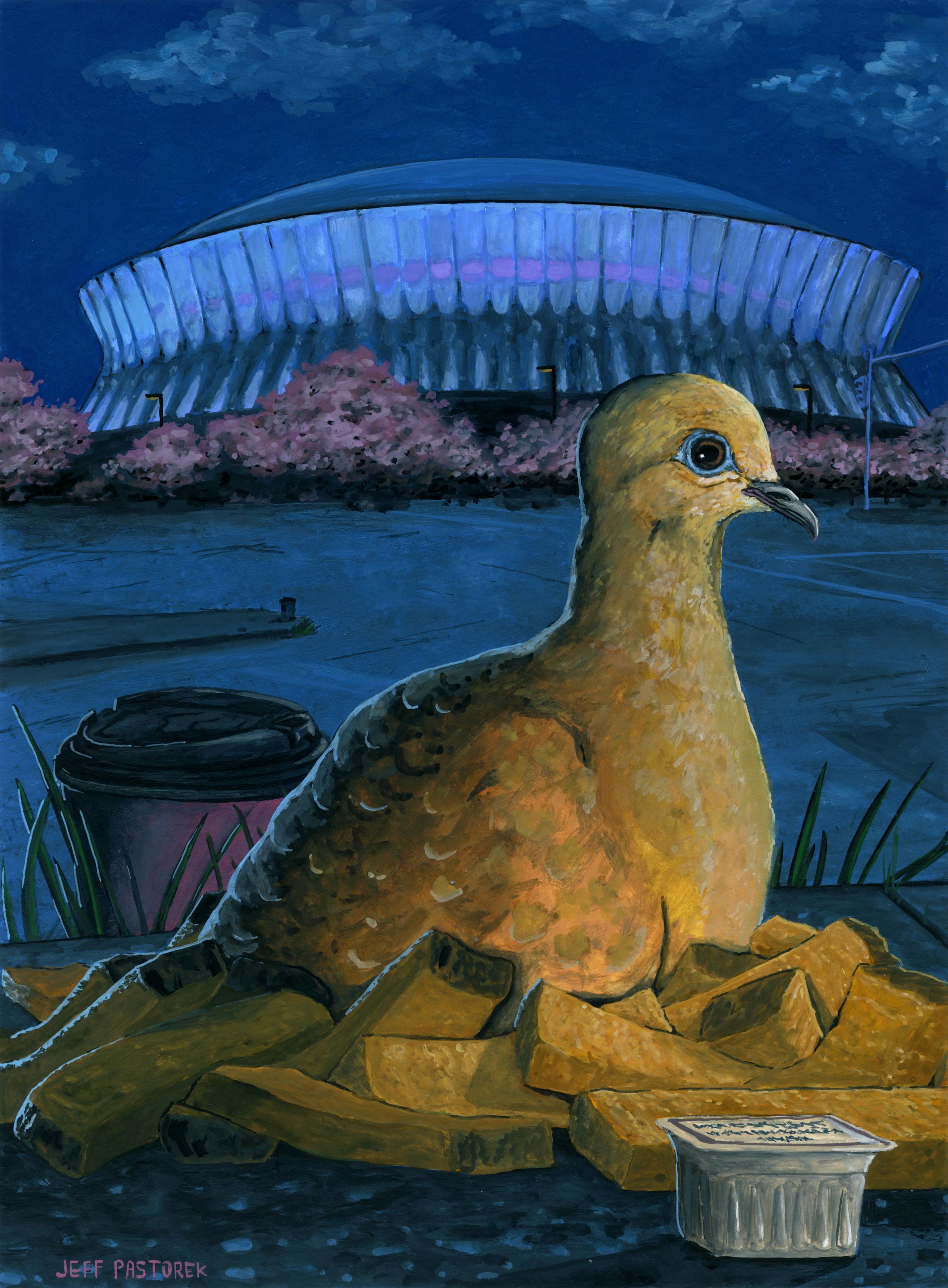 Jeff Pastorek Animal Painting - Mourning Dove on French Toast Sticks