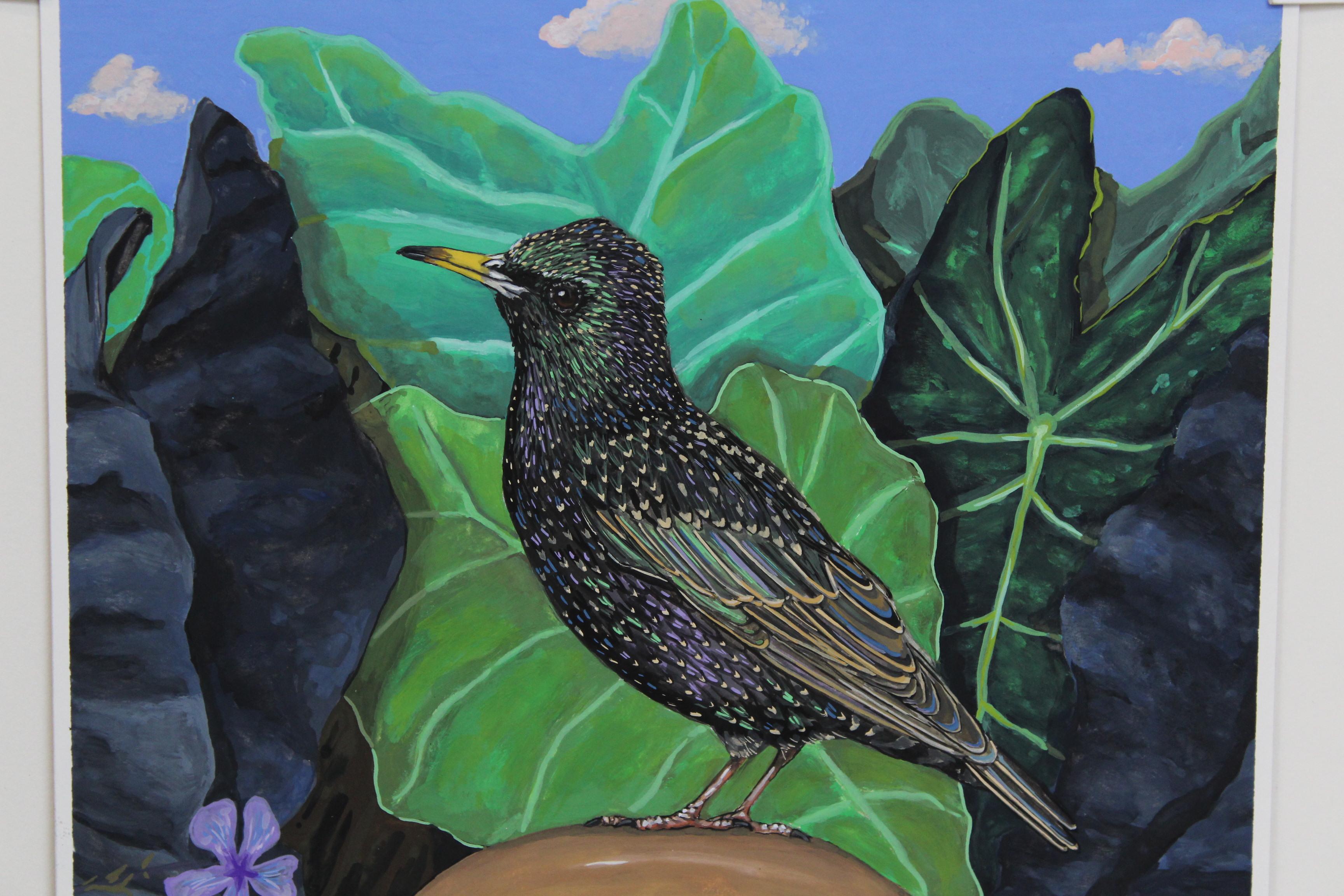 Starling on a Baconator - Painting by Jeff Pastorek