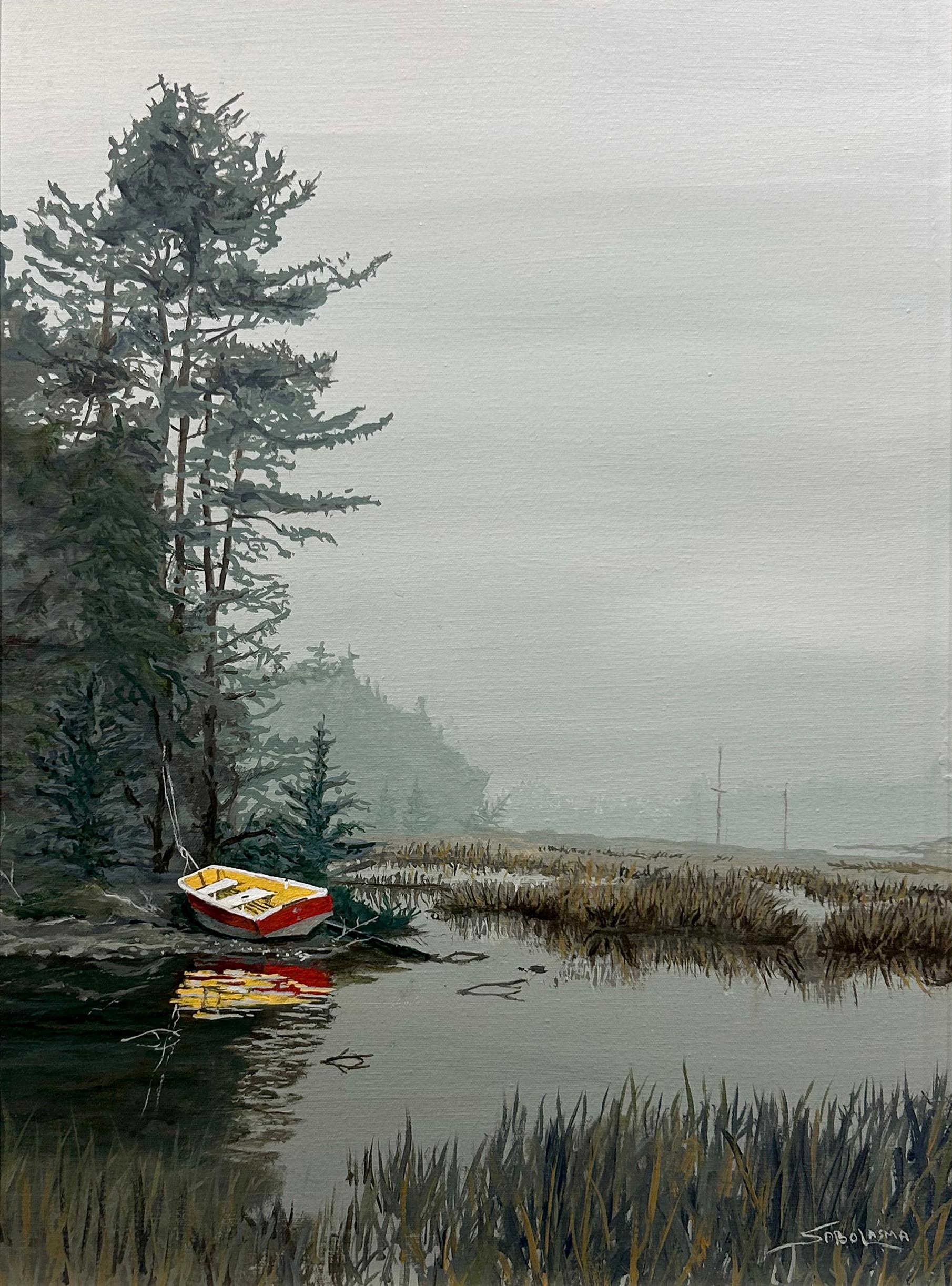 This piece "Up River" is a 24x18" oil painting on canvas by artist Jeffrey Sabol. Featured is a misty waterscape with muted light creating a green and calm atmospheric effect. A singular red and yellow rowboat is leaning on shore, surrounded by