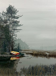 Jeff Sabol, „Up River“, 24x18 Misty Atmospheric Rowboat, Ölgemälde auf Leinwand