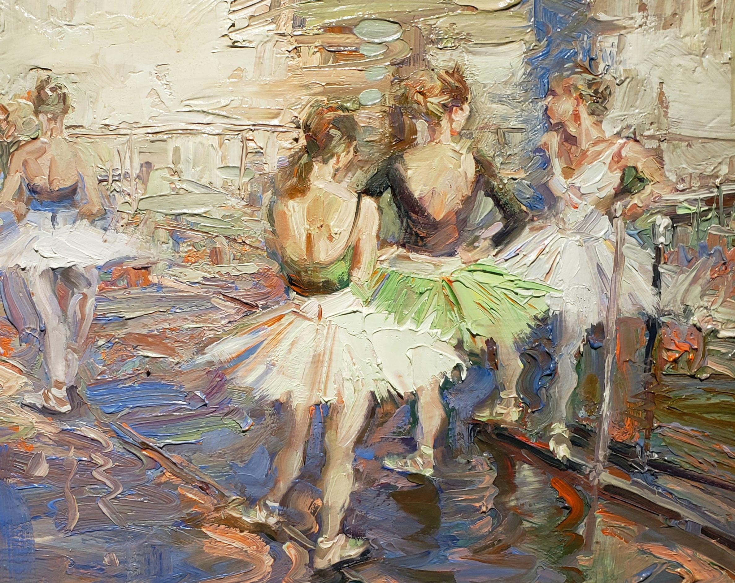 Chit Chat, Oil Painting, American Impressionism. Ballet, Framed Free Shipping  - Brown Figurative Painting by Jeff Slemons