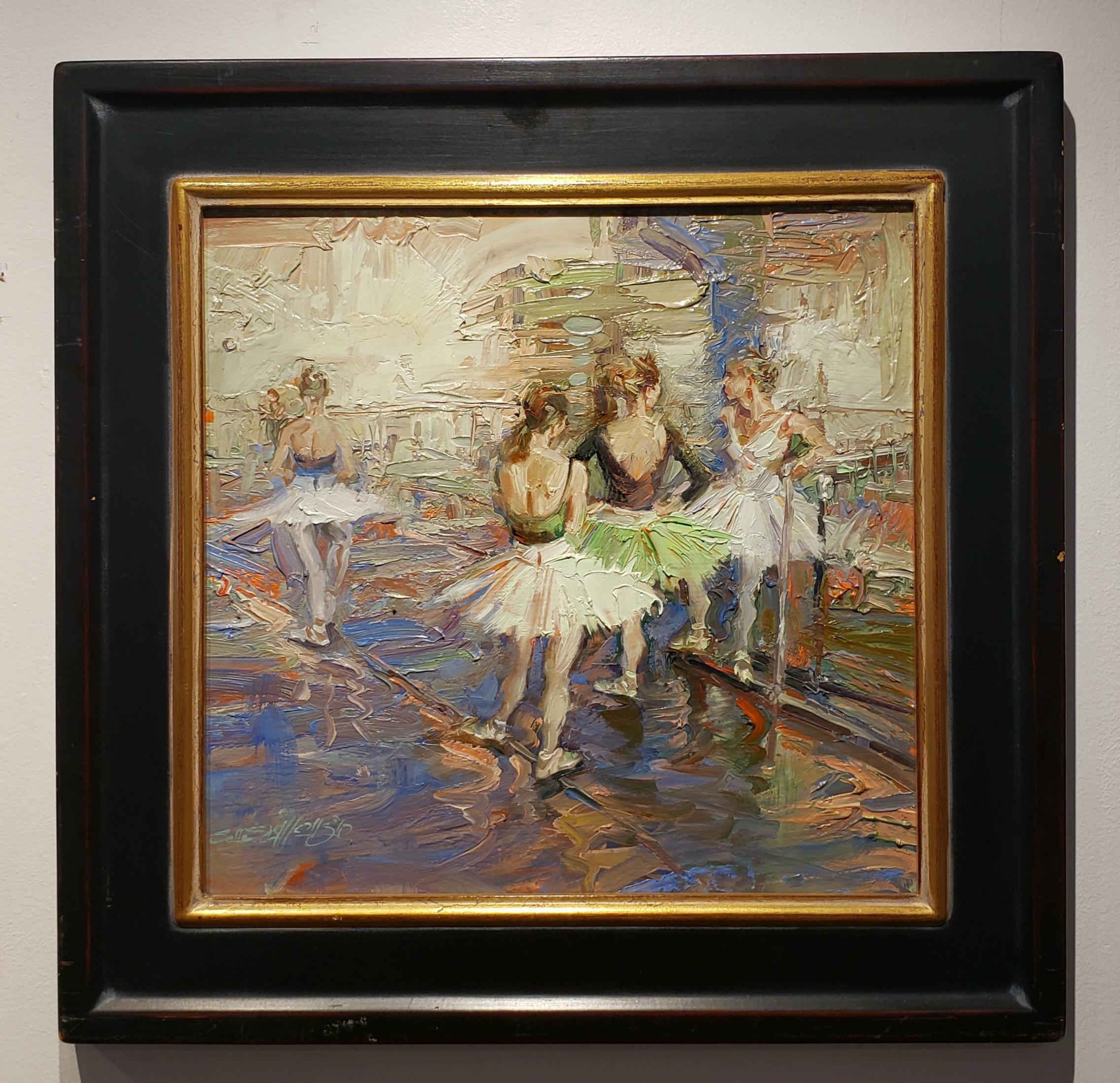 HIGH RESOLUTION PHOTOS AVAILABLE.  FREE SHIPPING.
Chit Chat can be any ballet studio in the world. Jeff Slemons leaves it up to the viewer to decide where it is located. New York, Paris, Rome ?   The painting has a custom made frame which brings out