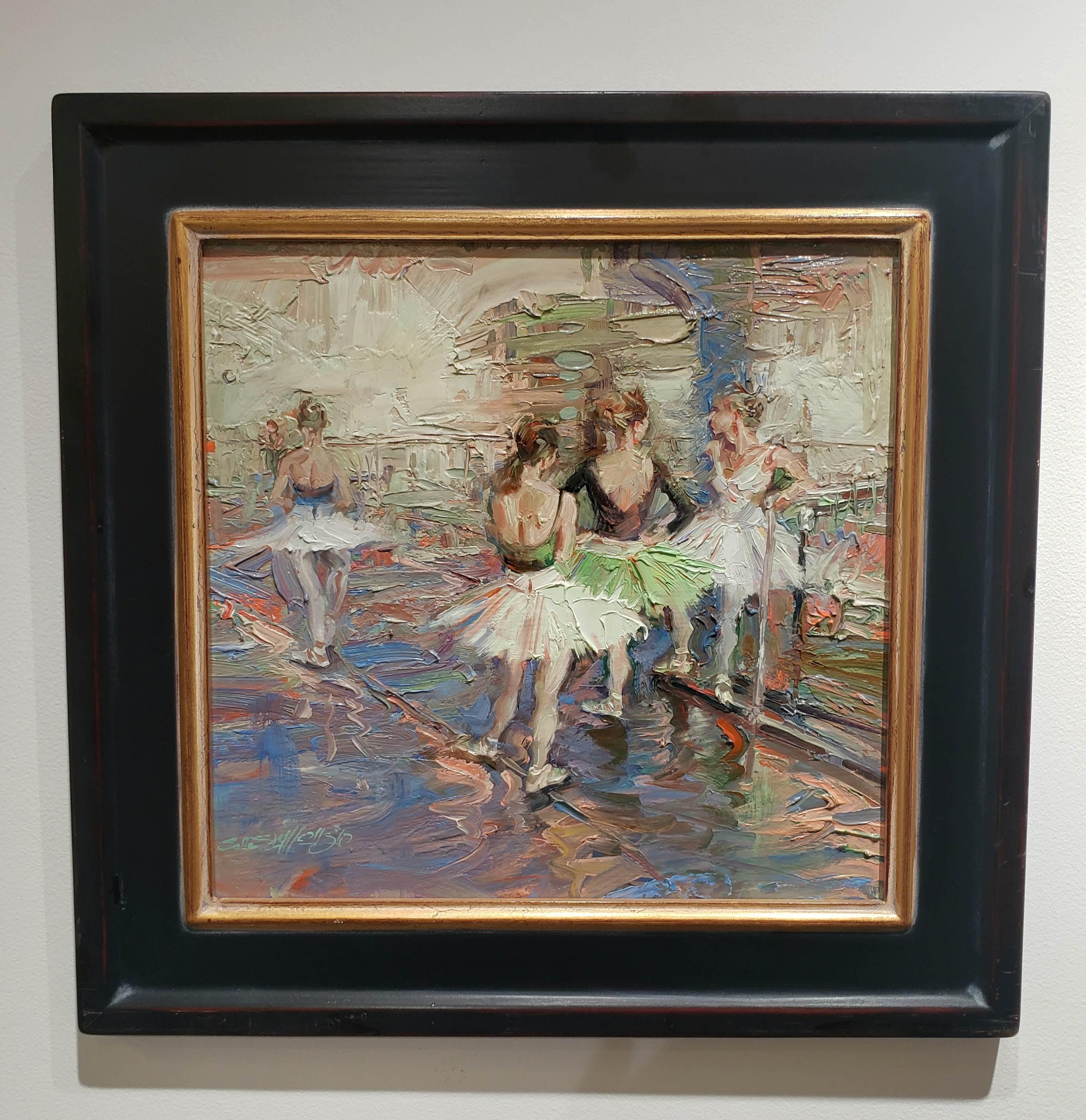 Jeff Slemons Figurative Painting - Chit Chat, Oil Painting, American Impressionism. Ballet, Framed Free Shipping 
