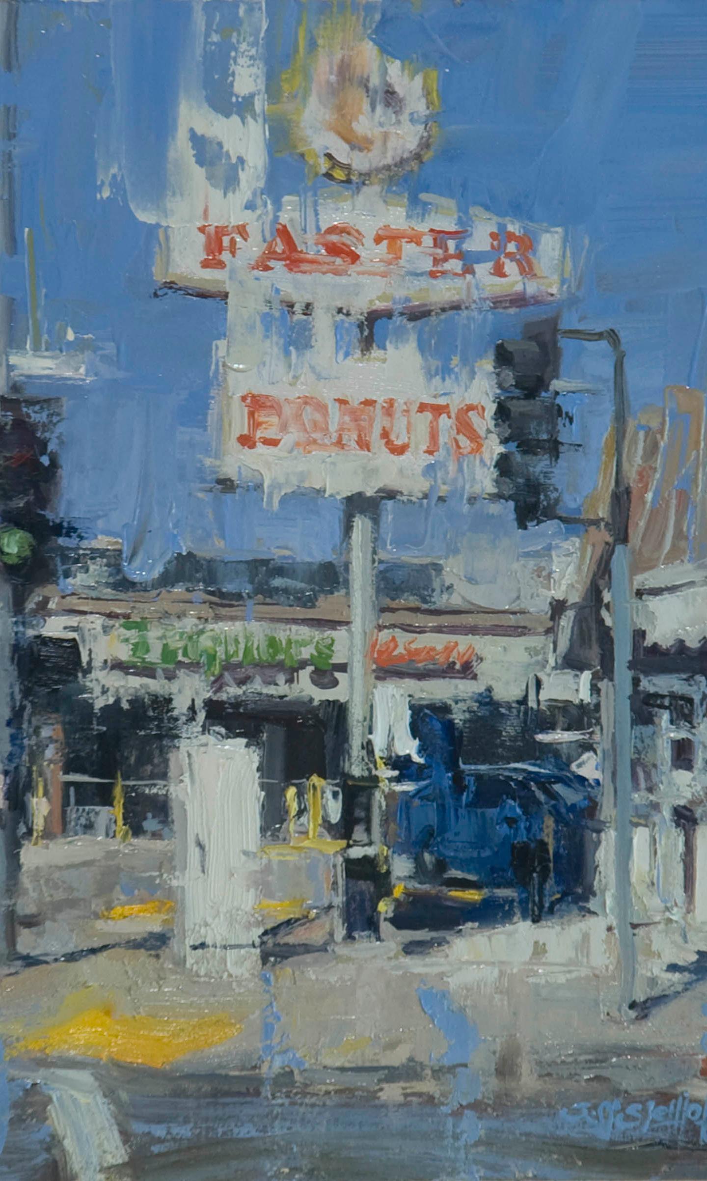 Donuts más rápidos , California, Pintura al óleo, Paisaje, Días pasados, Ilustrador - Landscape Painting Gris de Jeff Slemons