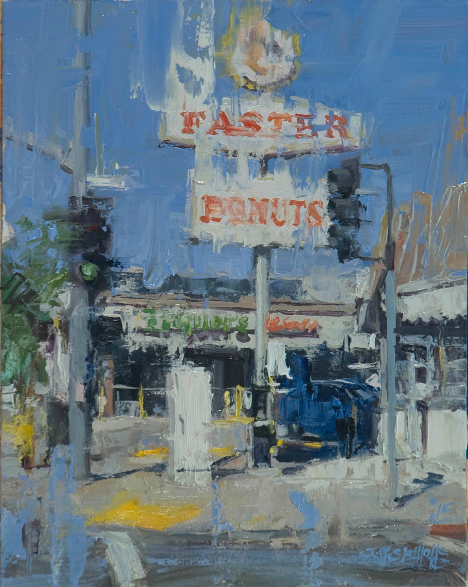 Faster Donuts , California, Oil Painting, Landscape, Days Gone By, Illustrator - Gray Landscape Painting by Jeff Slemons