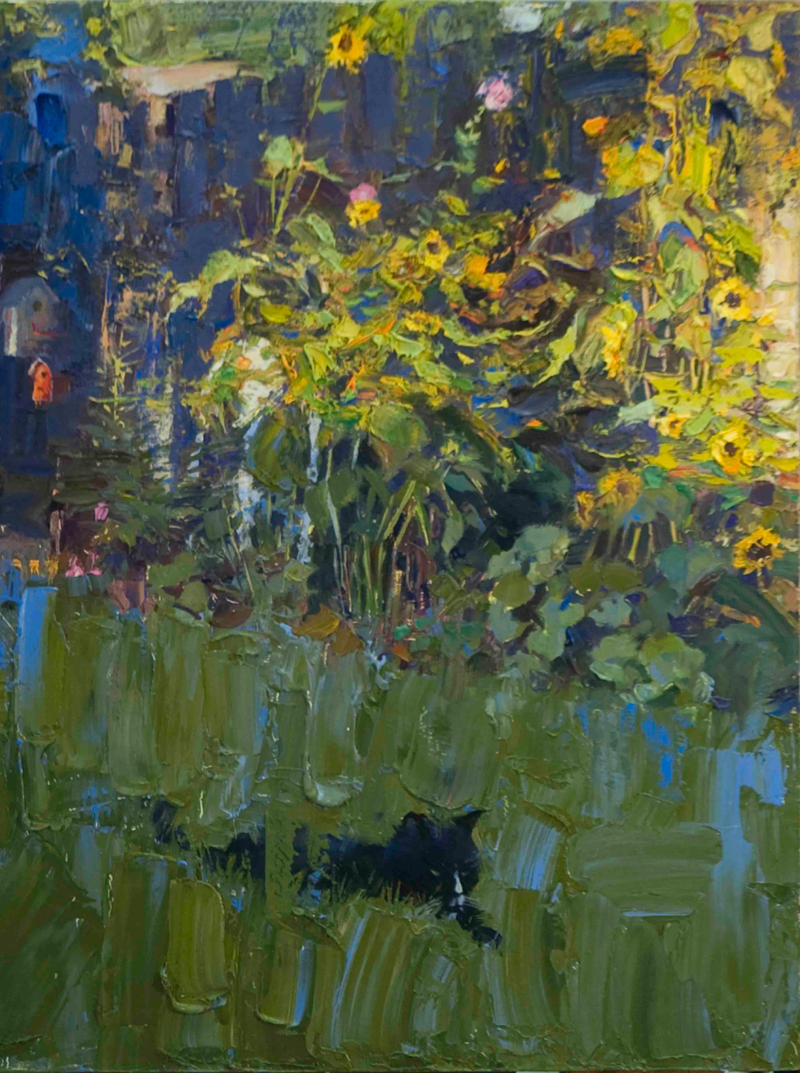 Panther in the Grass is by artist Jeff Slemons   .There is the use of the palette knife which builds up a texture of the oil paints used in this landscape/animal painting. Wild cats that have a dark (melanistic) color are often referred to as