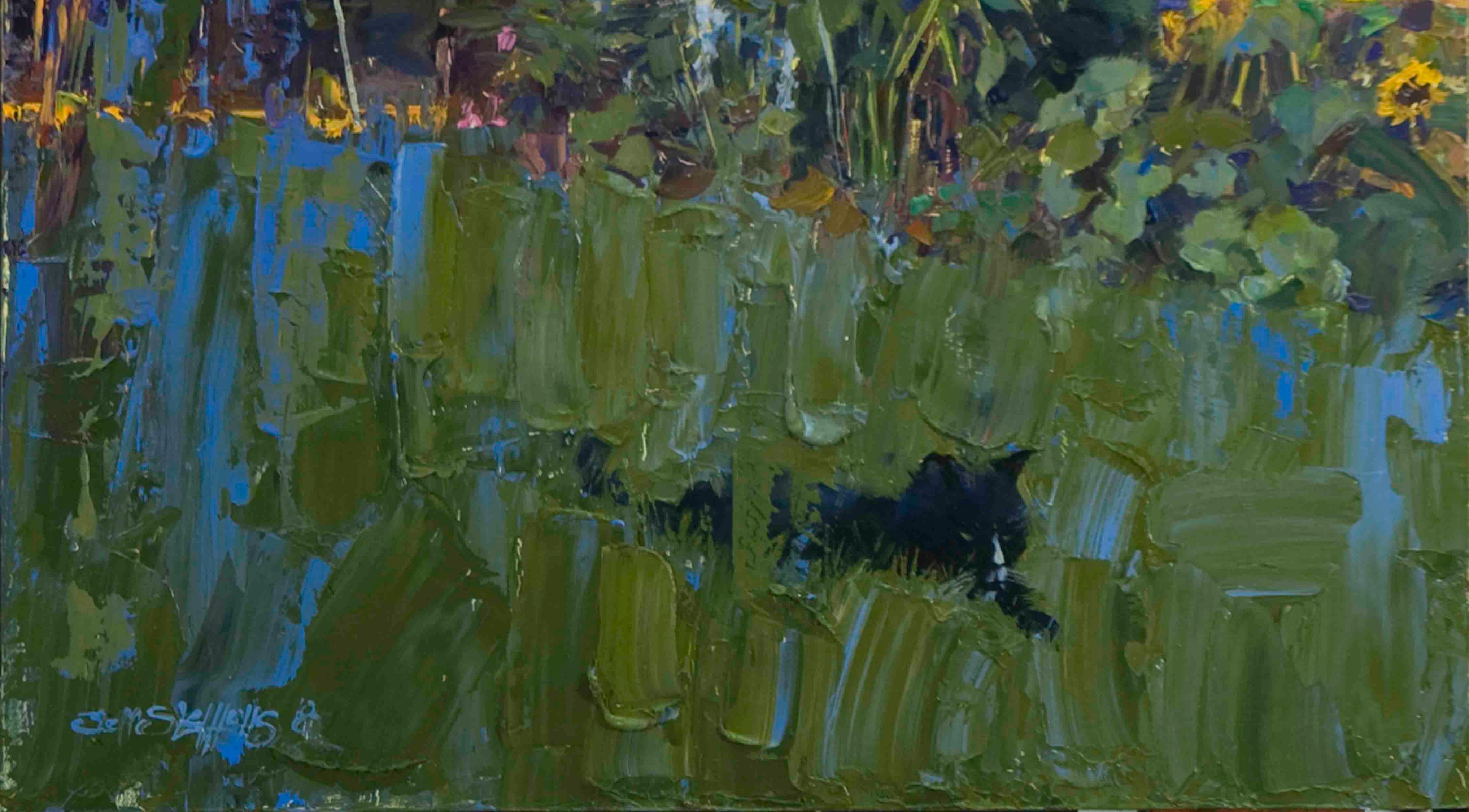 Panther in the Grass ist ein Werk des Künstlers Jeff Slemons   Mit dem Spachtel wird eine Textur der in diesem Landschafts-/Tiergemälde verwendeten Ölfarben aufgebaut. Wildkatzen, die eine dunkle (melanistische) Farbe haben, werden oft als 