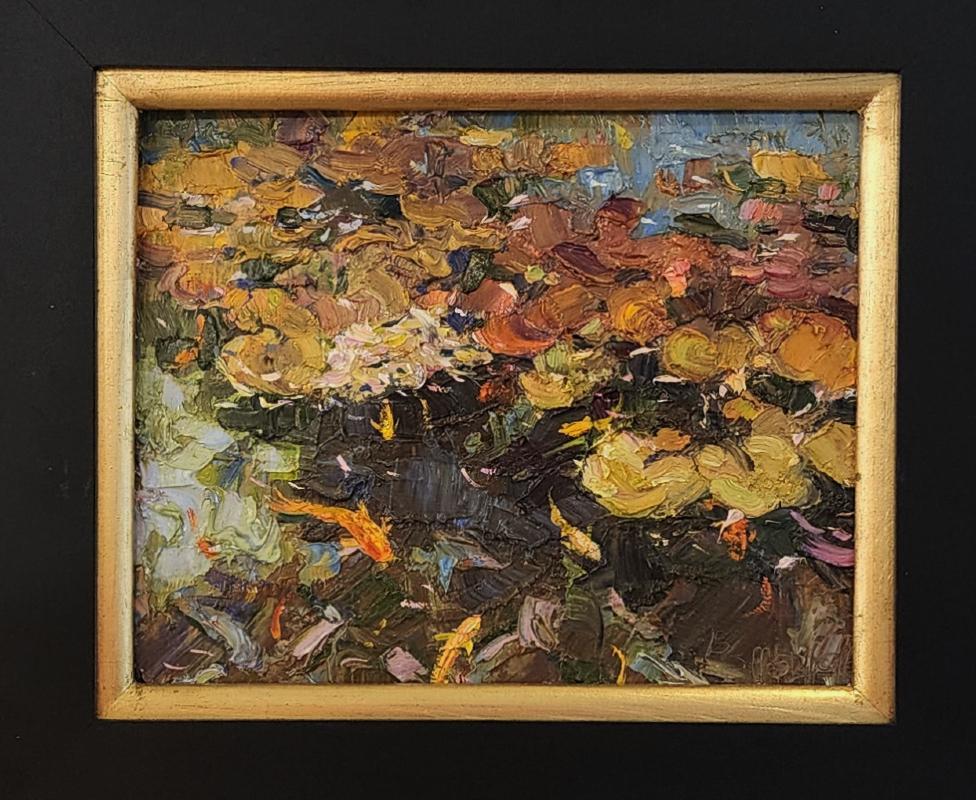 Petals on the Water, Oil  , American Impressionism, Koi Fish, Outdoors. Nature - Abstract Impressionist Painting by Jeff Slemons