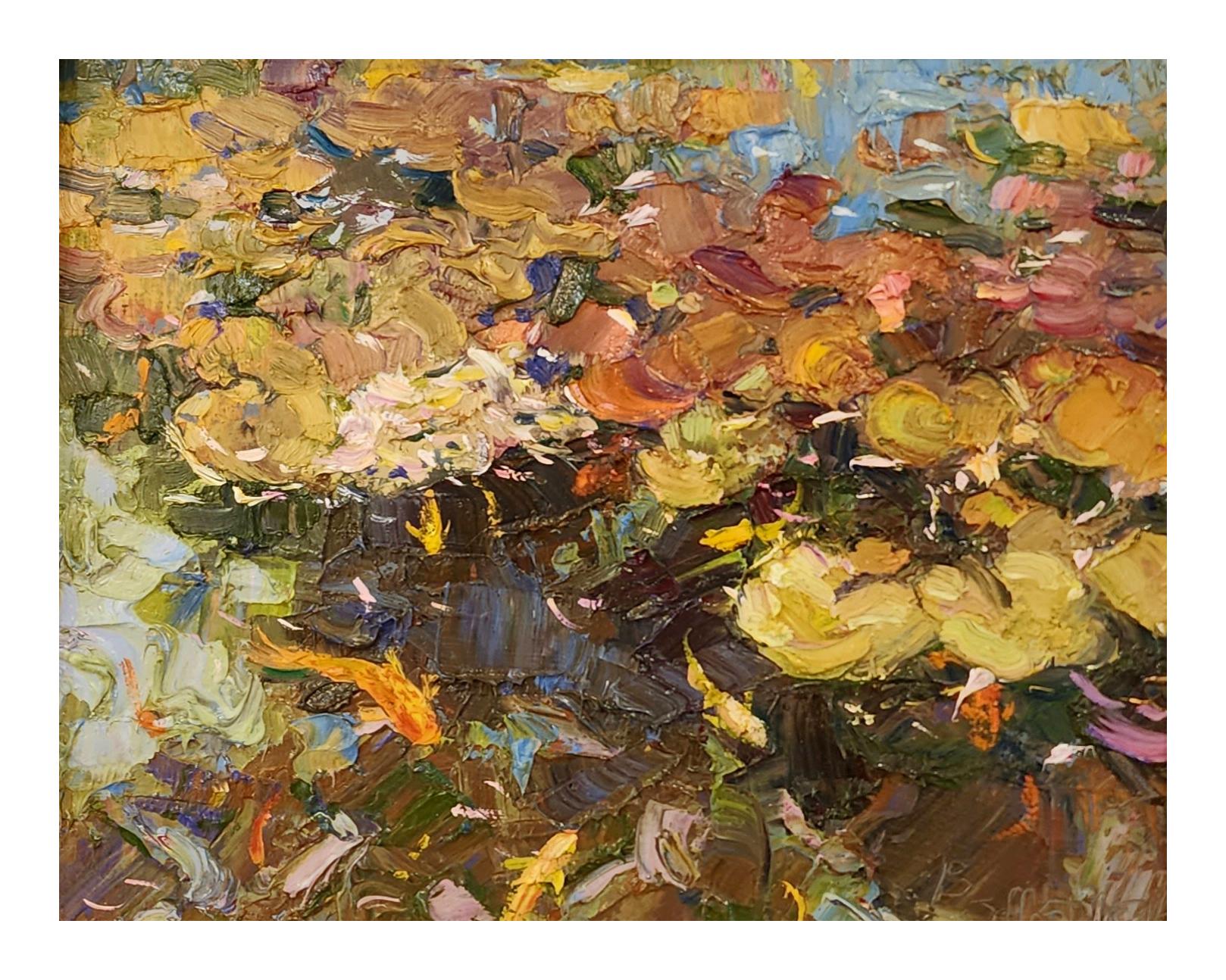 Petals on the Water, Oil  , American Impressionism, Koi Fish, Outdoors. Nature - Abstract Impressionist Painting by Jeff Slemons