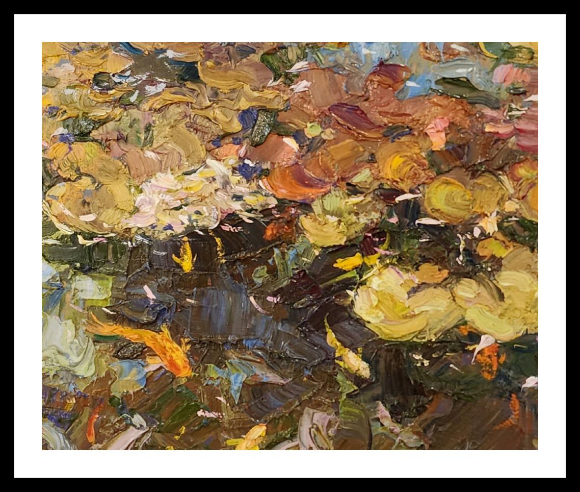 Petals on the Water by Jeff Slemons shows the beauty of nature with Koi and Waterlilies .There is the use of the palette knife which builds up a texture of the oil paints used in this landscape painting.
Petals on the Water  display the interaction