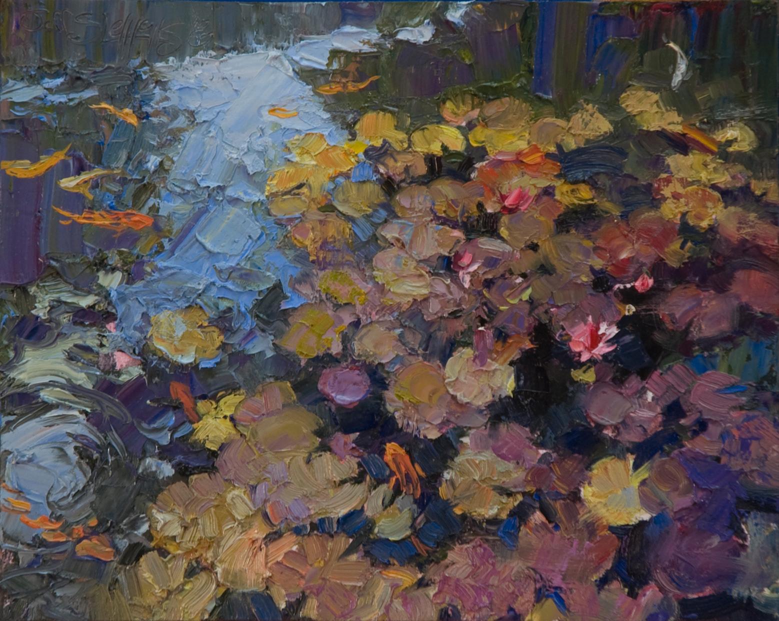 Petals on the Water, Oil  , American Impressionism, Koi Fish, Outdoors. Nature For Sale 1