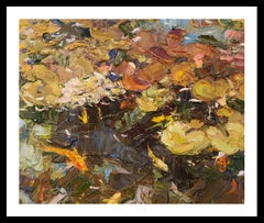 Petals on the Water, Oil  , American Impressionism, Koi Fish, Outdoors. Nature