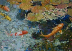 Petals on the Water, Oil Painting , American Impressionism, Koi Fish, Outdoors