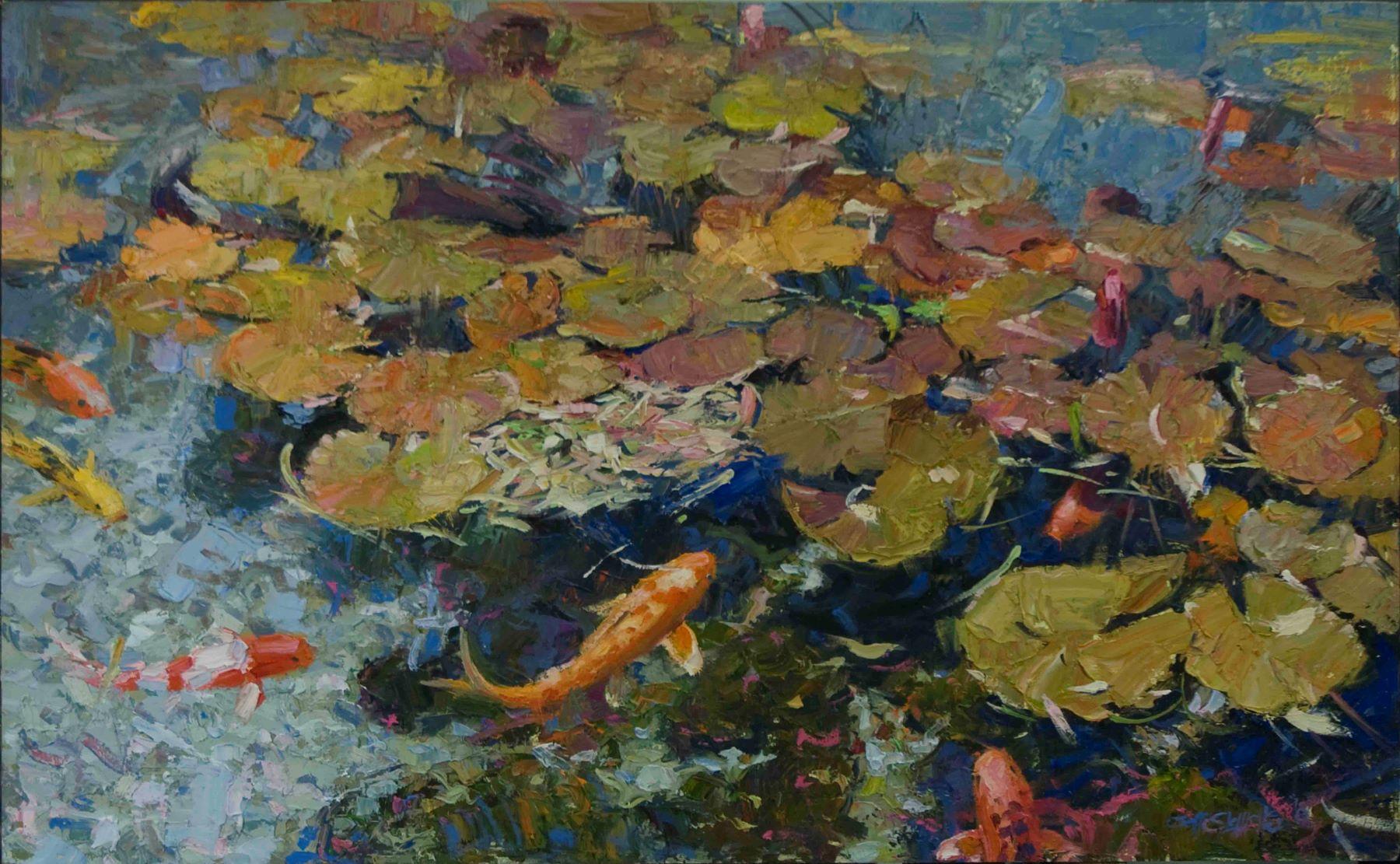 Jeff Slemons Animal Painting - Petals on the Water, Oil Painting , American Impressionism, Koi Fish, Outdoors