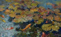 Petals on the Water, Oil Painting ,American Impressionism, Koi Fish, Outdoors