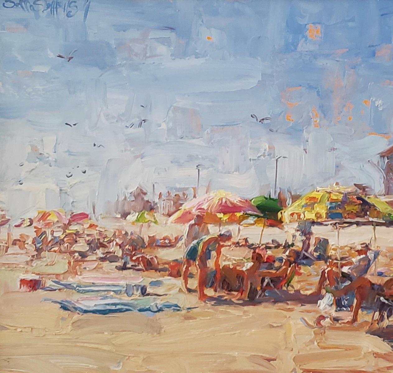 HIGH RESOLUTION IMAGES AVAILABLE
Sunny Day is a 16 x 23 oil painting by artist Jeff Slemons. Jeff Slemons brings out the movement of the people on the beach with his bright colors and the use of his palette knife.  You can fee the breeze of the