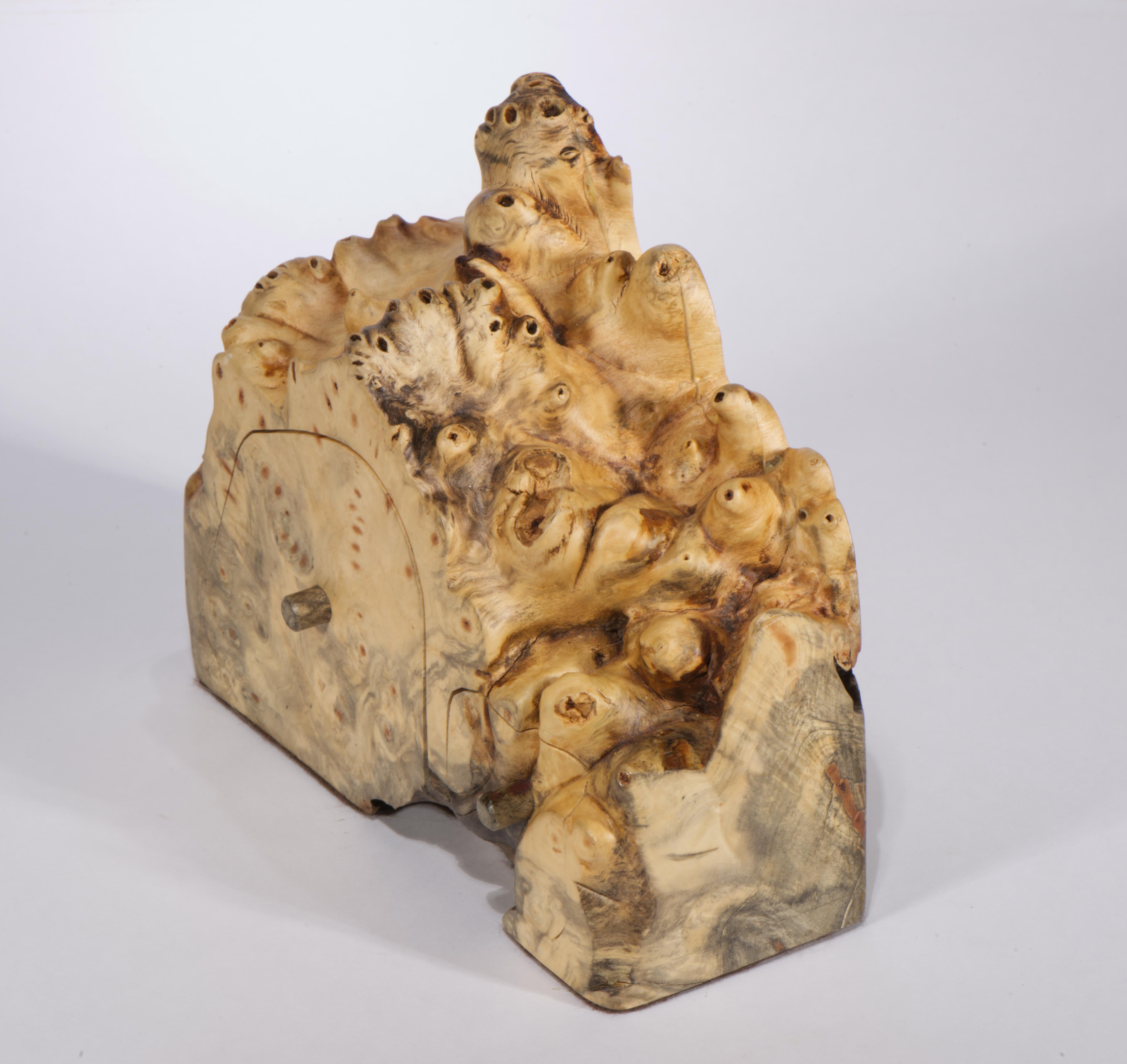  Vintage carved decorative box features an intricate form in solid Mappa burl wood. Sculptural, free form, live edge wood on top of the box contrasts with soft, perfectly polished front and sides, showcasing the rich, natural grain of the wood and