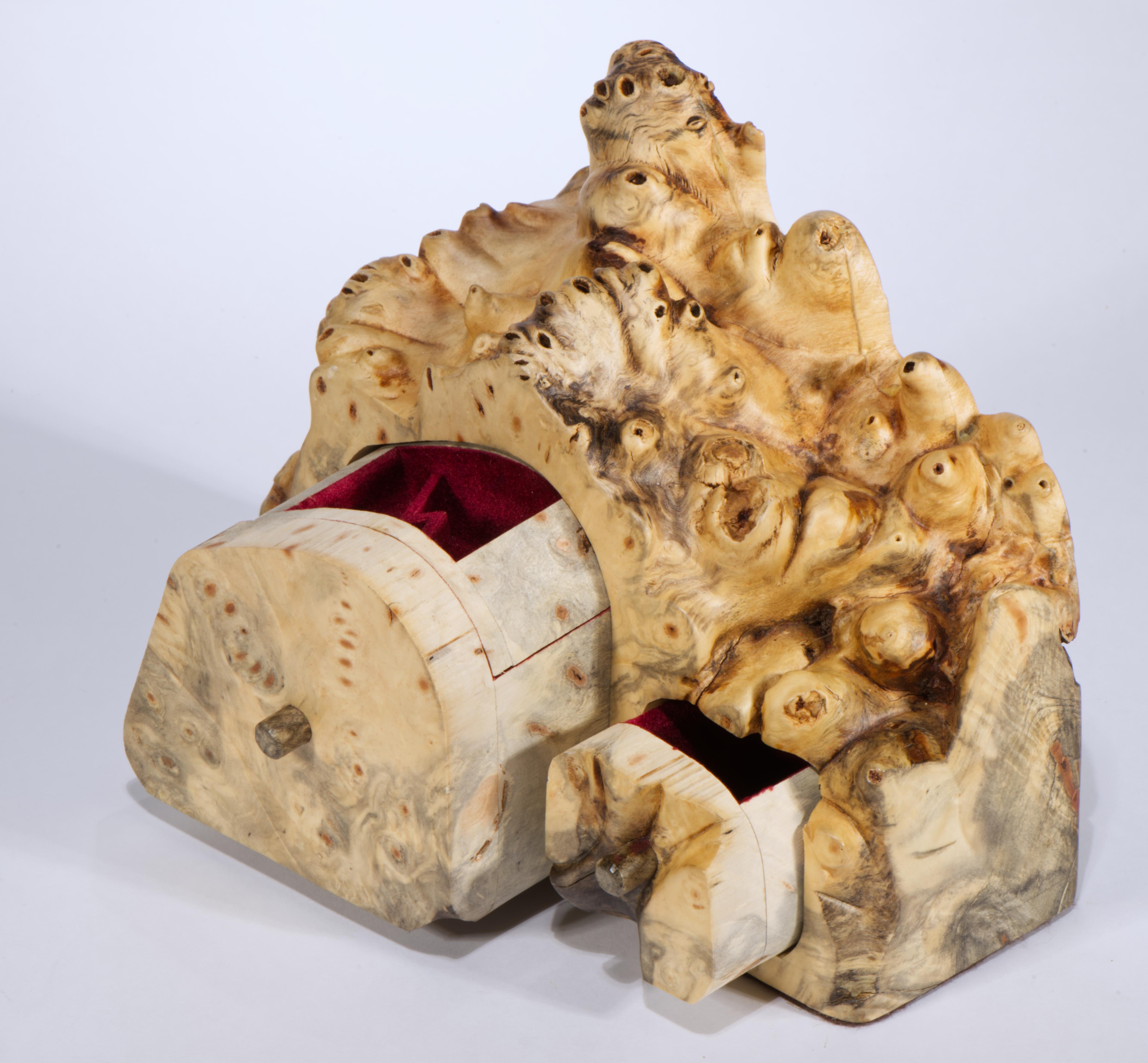 Organic Modern Jeff Trag Mappa Burl Carved Box Live Edge Secret Compartments For Sale