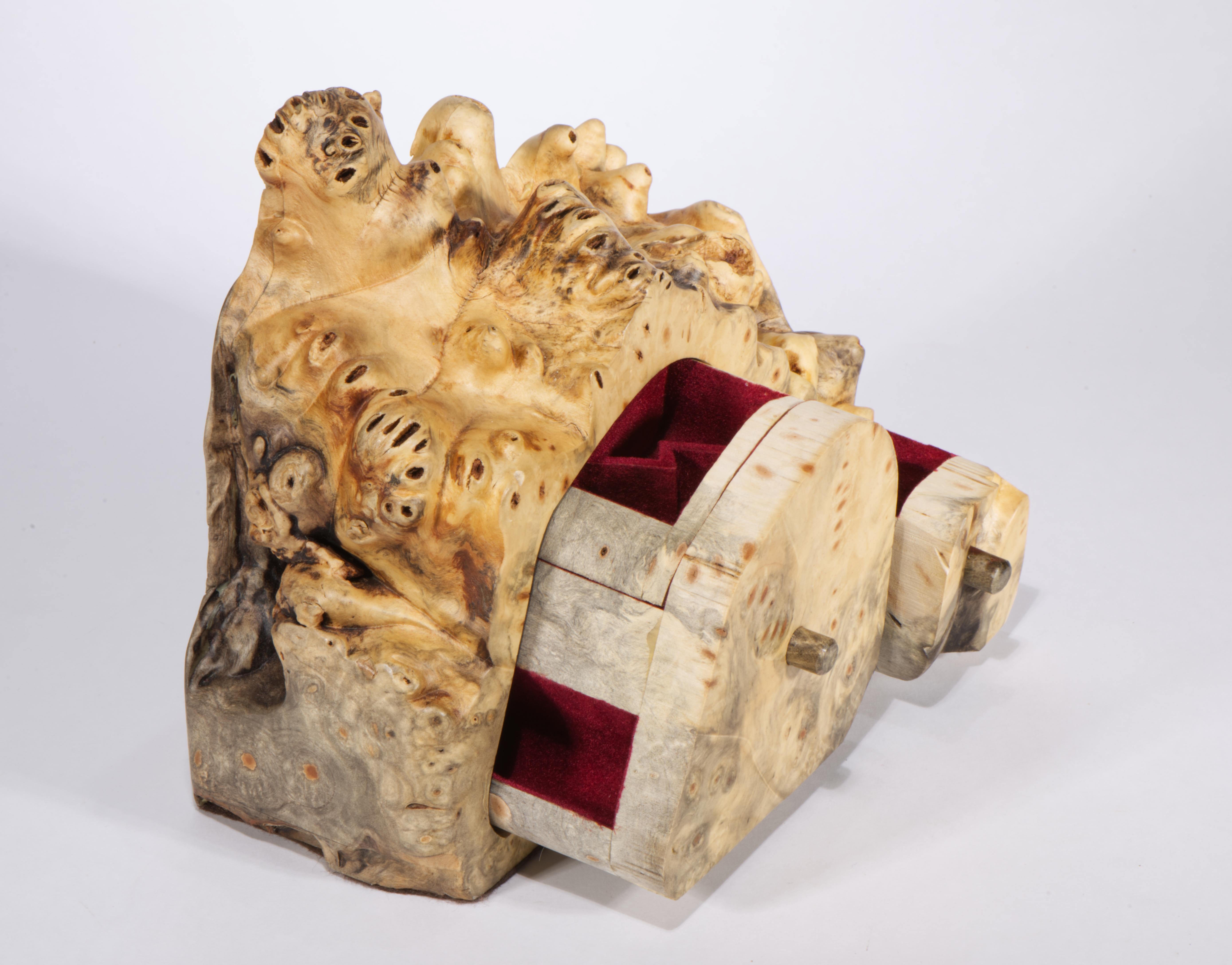American Jeff Trag Mappa Burl Carved Box Live Edge Secret Compartments For Sale
