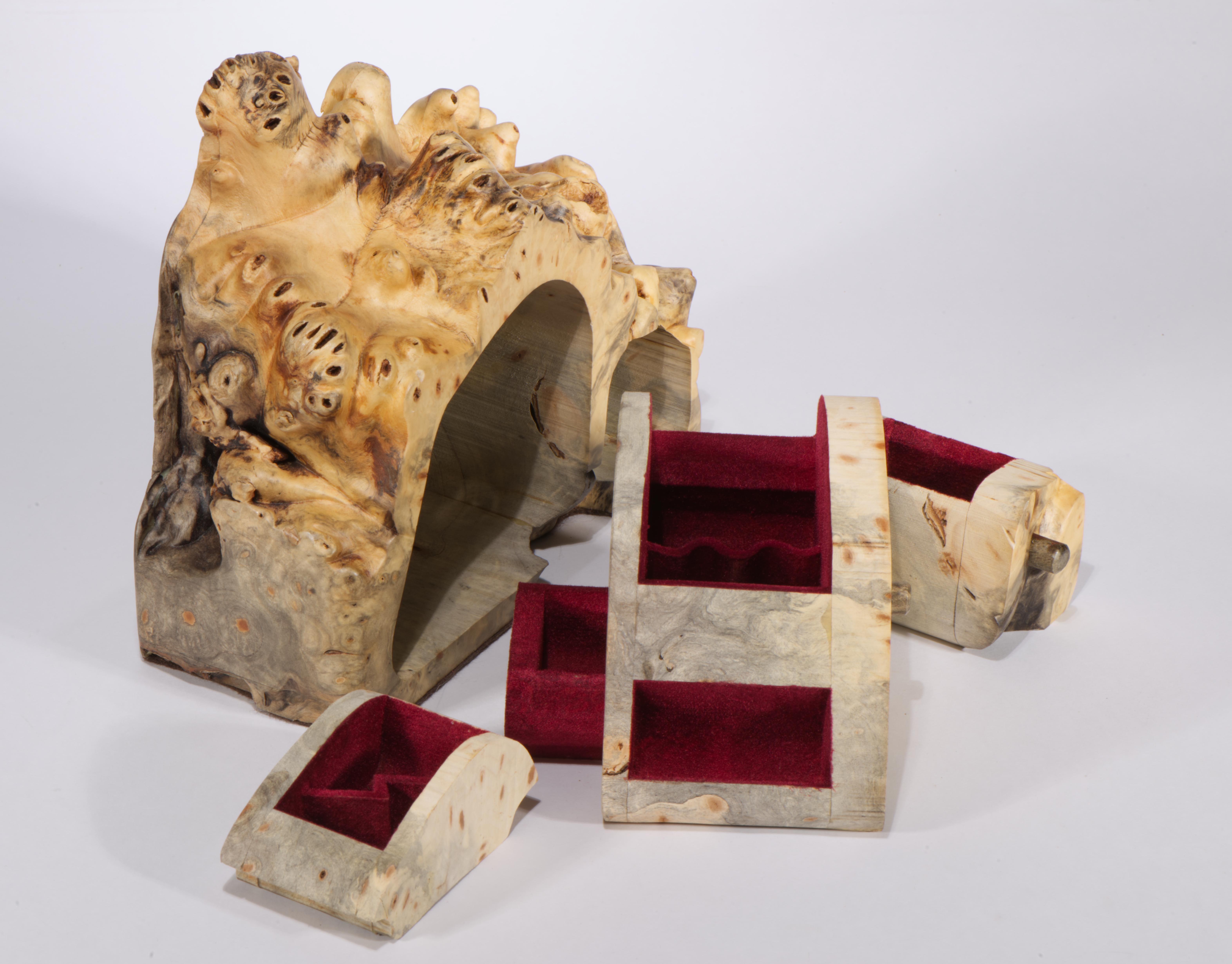 Hand-Carved Jeff Trag Mappa Burl Carved Box Live Edge Secret Compartments For Sale