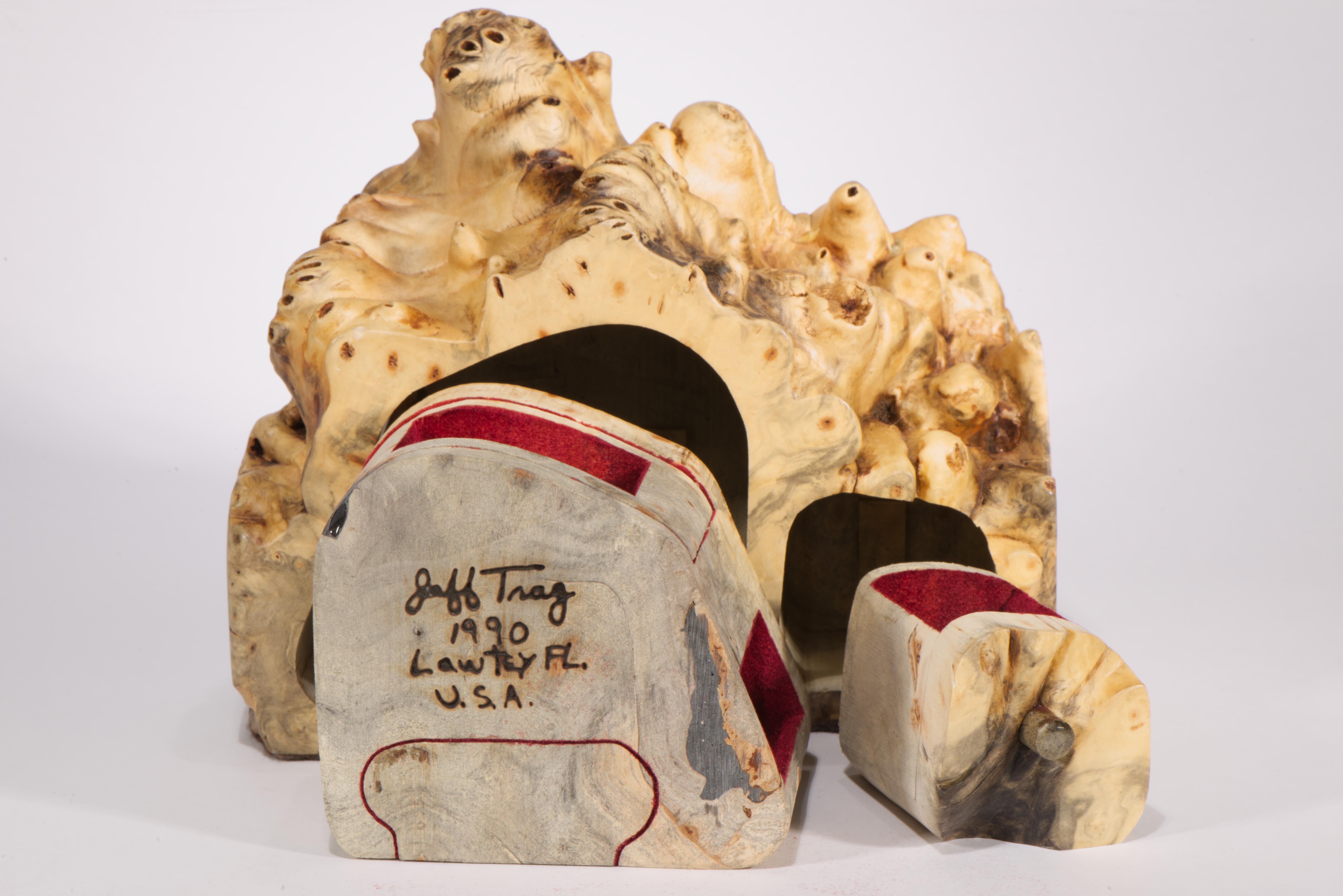 Late 20th Century Jeff Trag Mappa Burl Carved Box Live Edge Secret Compartments For Sale