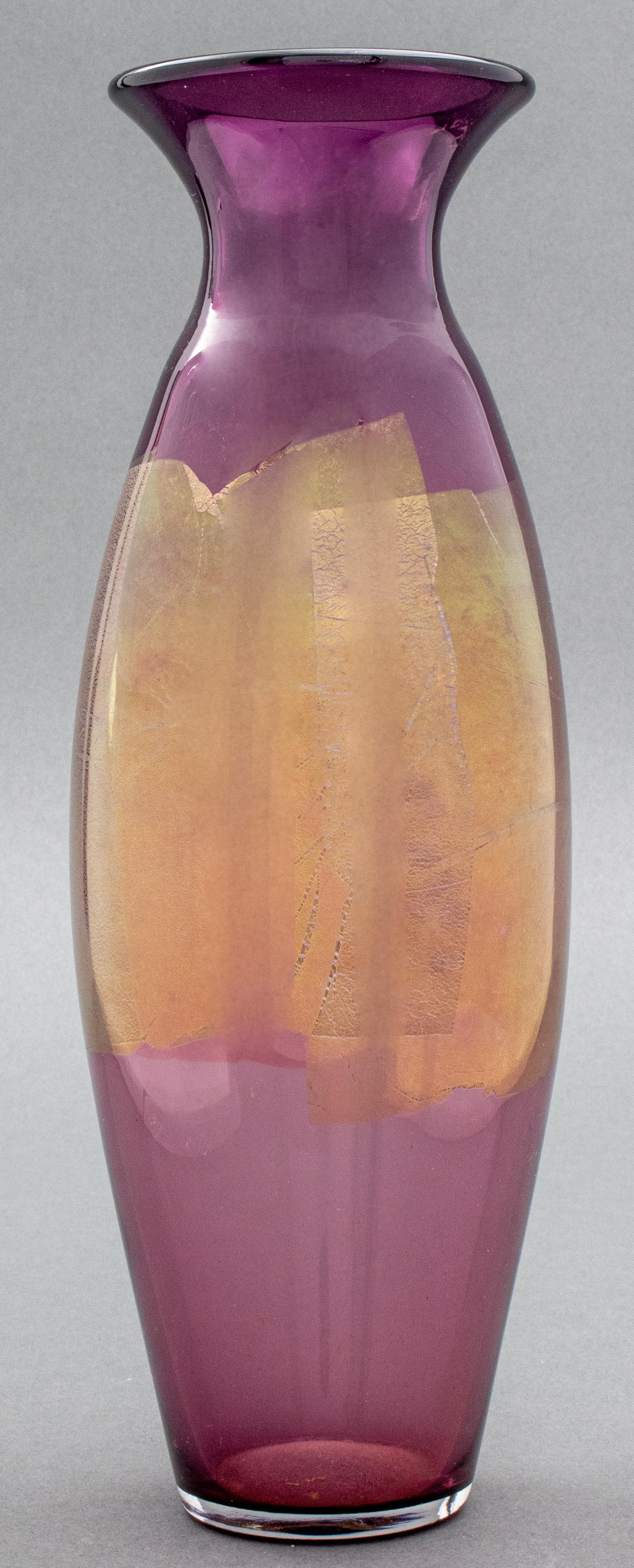 Jeff Zimmerman (American, b. 1968) for Tiffany & Company purple glass vase with gold leaf decoration encircling the body, incised signature to underside. 12.75
