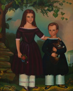 Primitive Folk Art Painting After Jefferson Gauntt  "Two Children"