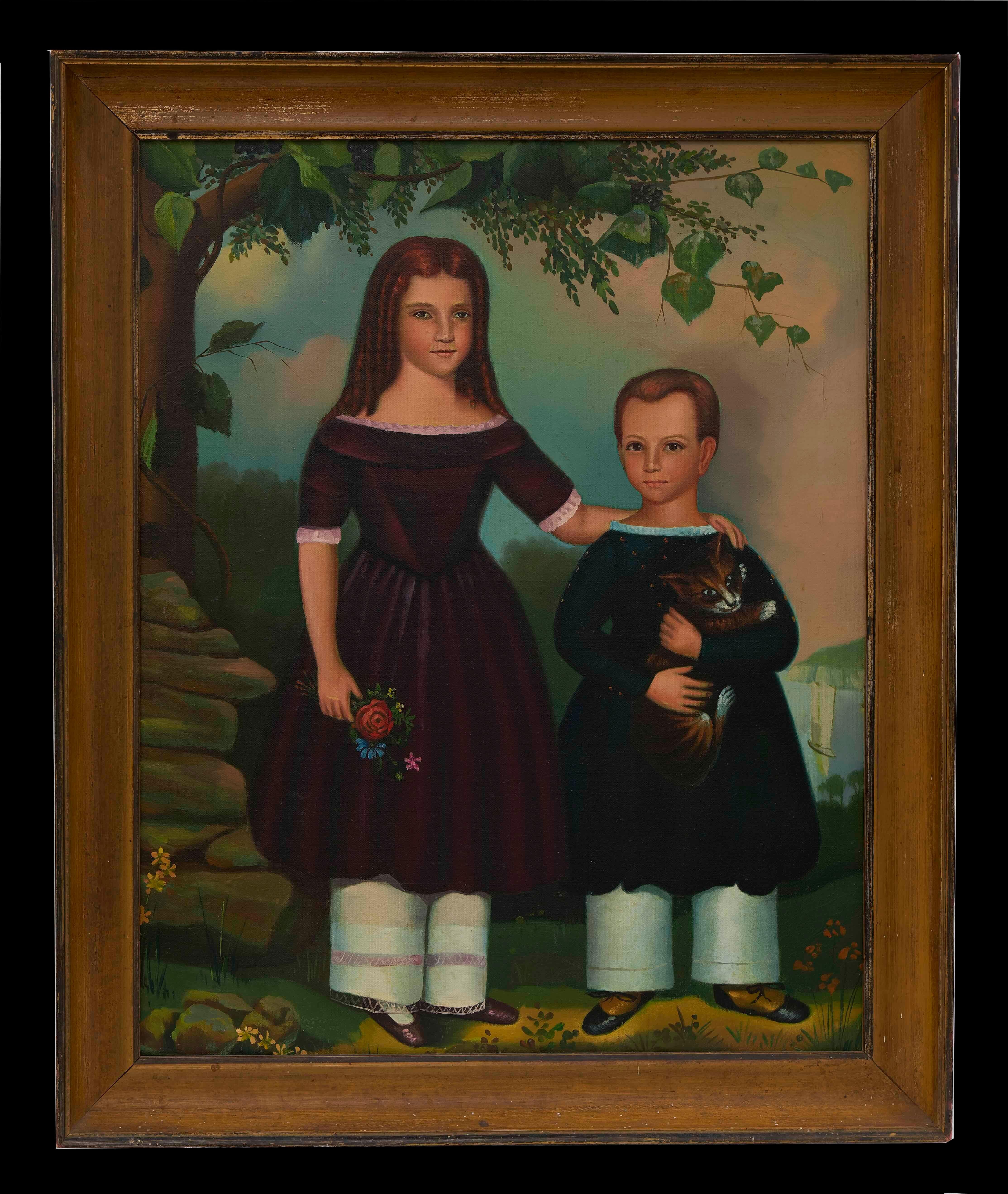 Primitive Folk Art Painting After Jefferson Gauntt  "Two Children"