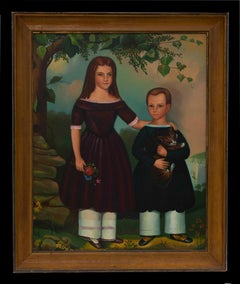 Primitive Folk Art Painting After Jefferson Gauntt  "Two Children"