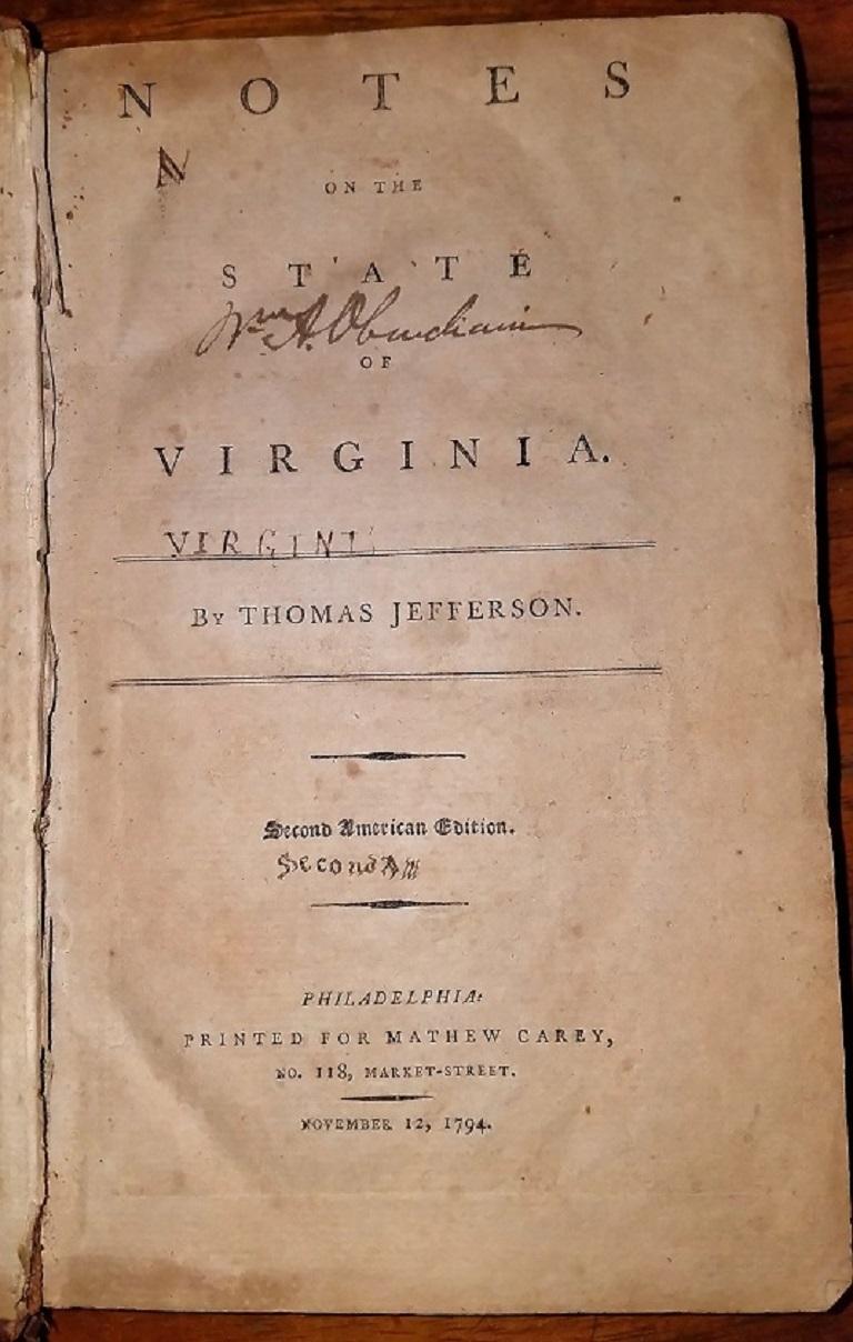 18th Century Jeffersons Notes on the State of Virginia 2nd Edition, Important Book