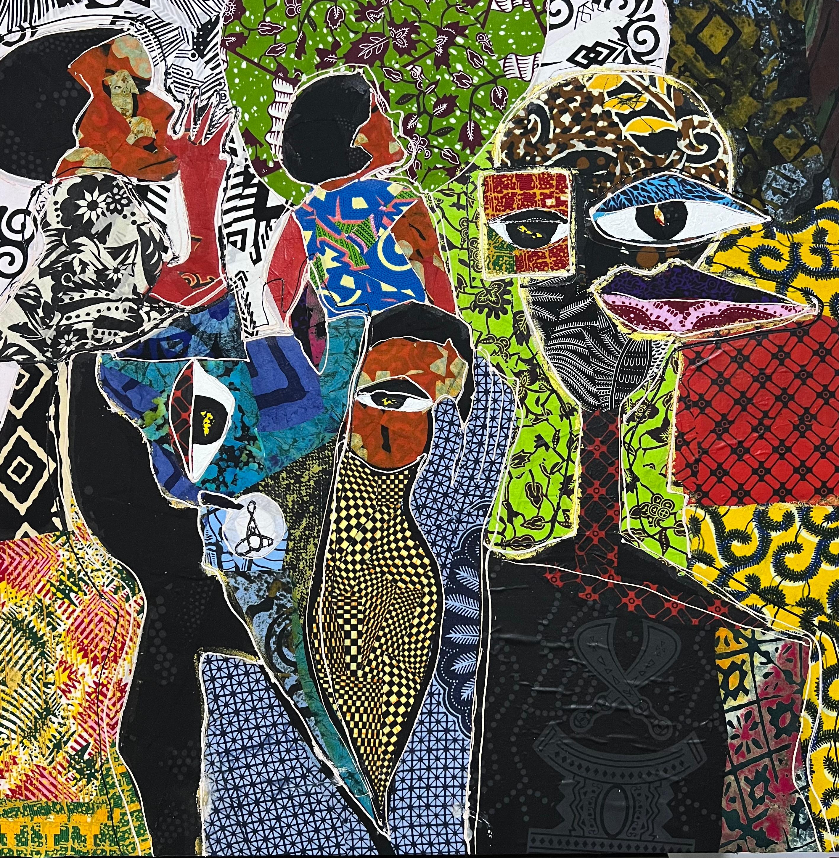 Jeffery Baidoo Figurative Painting - A Child's Growth is a Collective Effort (Fabric on canvas)
