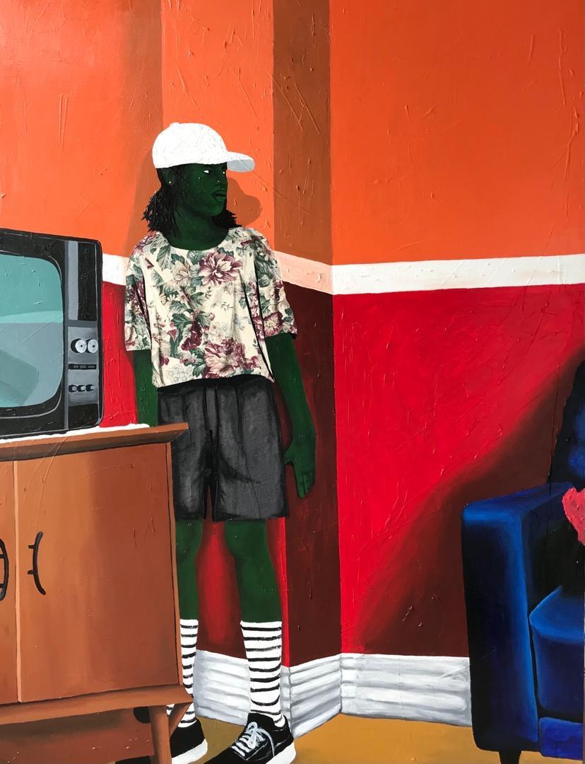 Jeffery Baidoo Figurative Painting - Standing in time - Painting, Fabric and Oil on Canvas