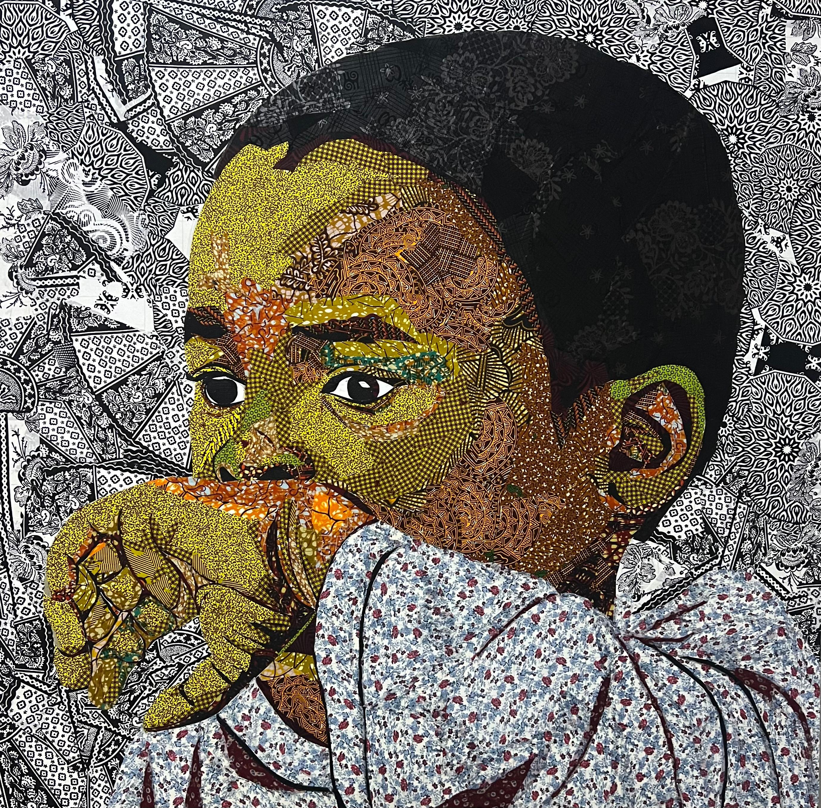 Jeffery Baidoo Portrait Painting - Unexpected Awakening (Fabric on canvas)