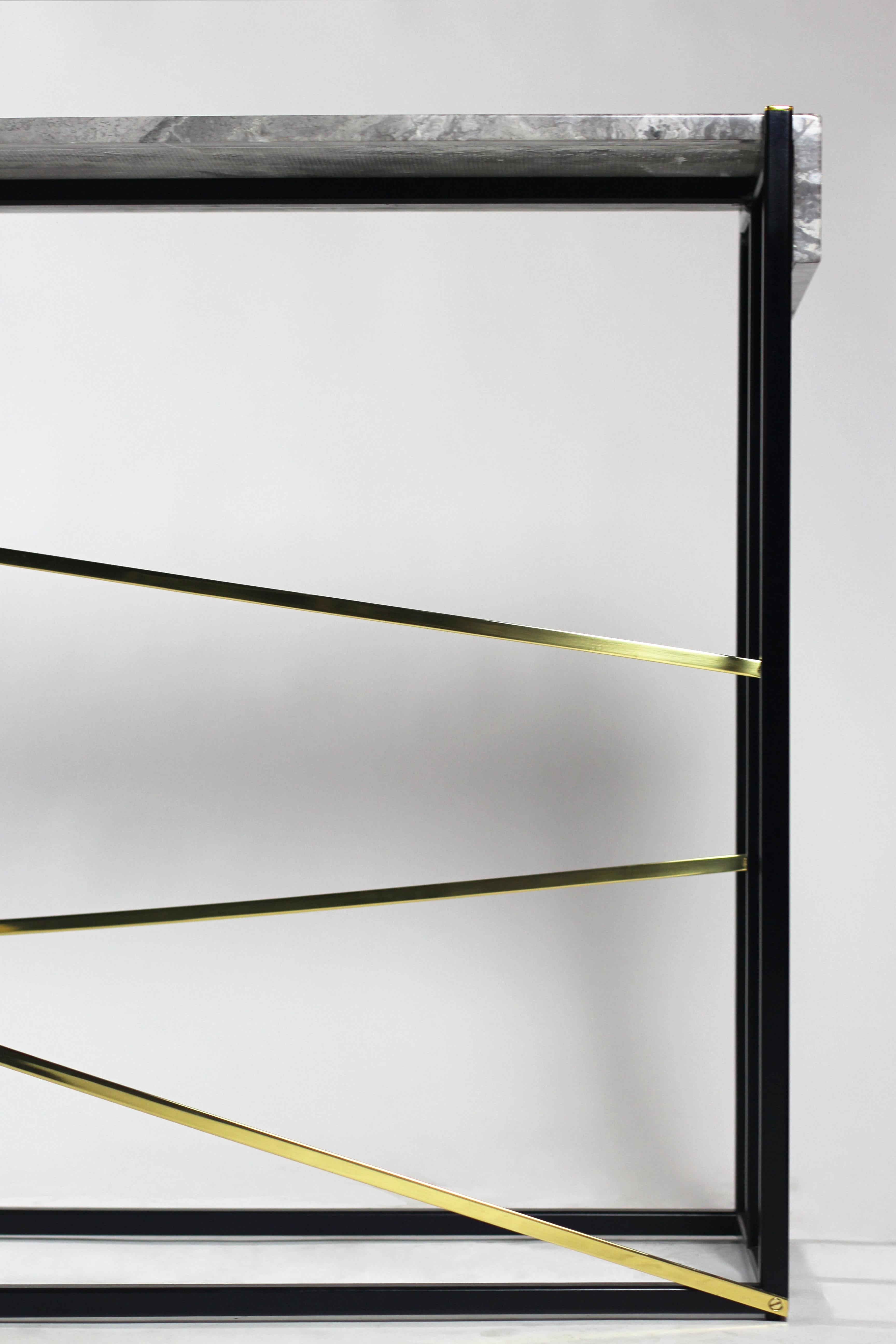 Modern Jeffery Console Table in Blackened Steel, Brass and Waterfall Marble Detail For Sale