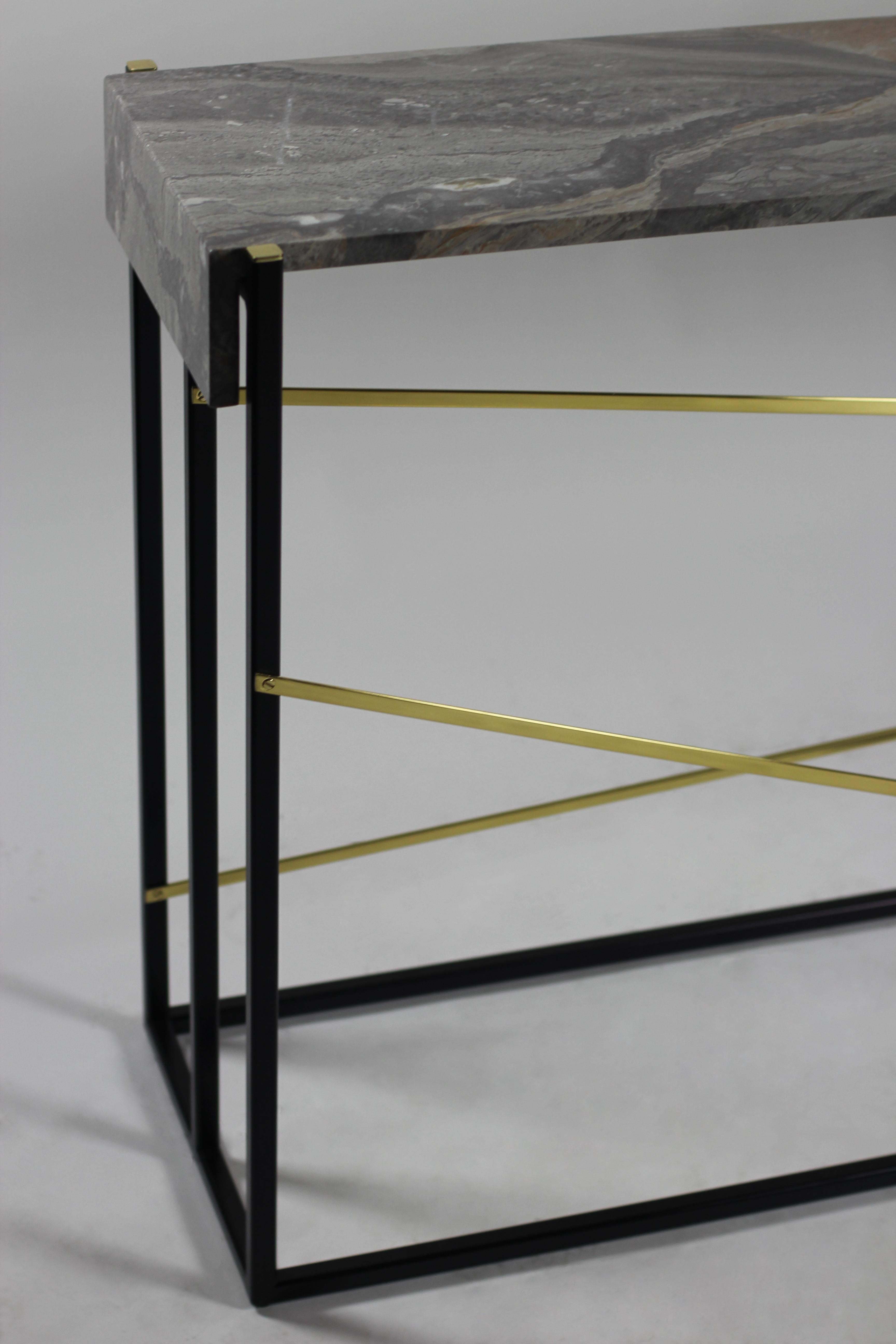 American Jeffery Console Table in Blackened Steel, Brass and Waterfall Marble Detail For Sale