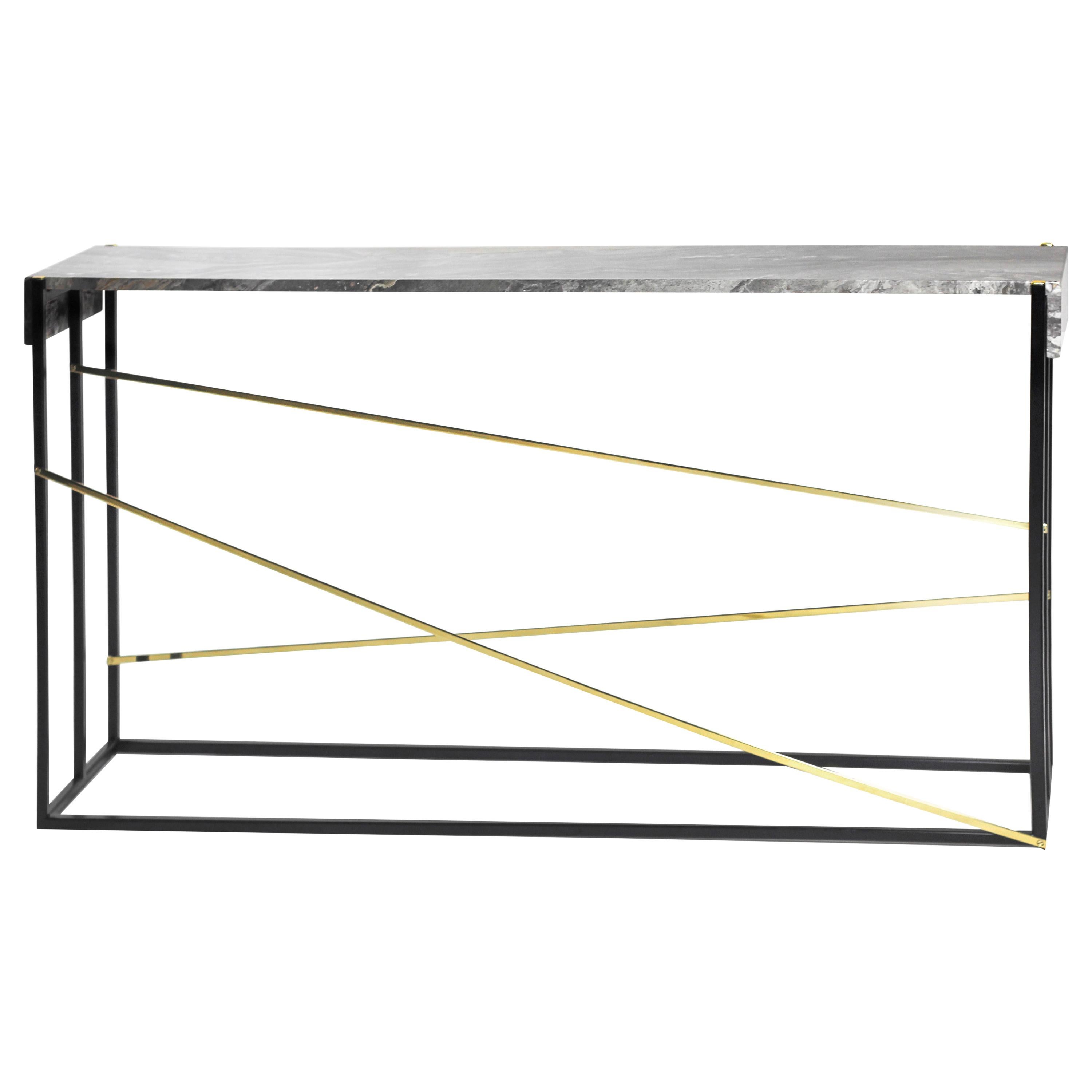 Jeffery Console Table in Blackened Steel, Brass and Waterfall Marble Detail For Sale